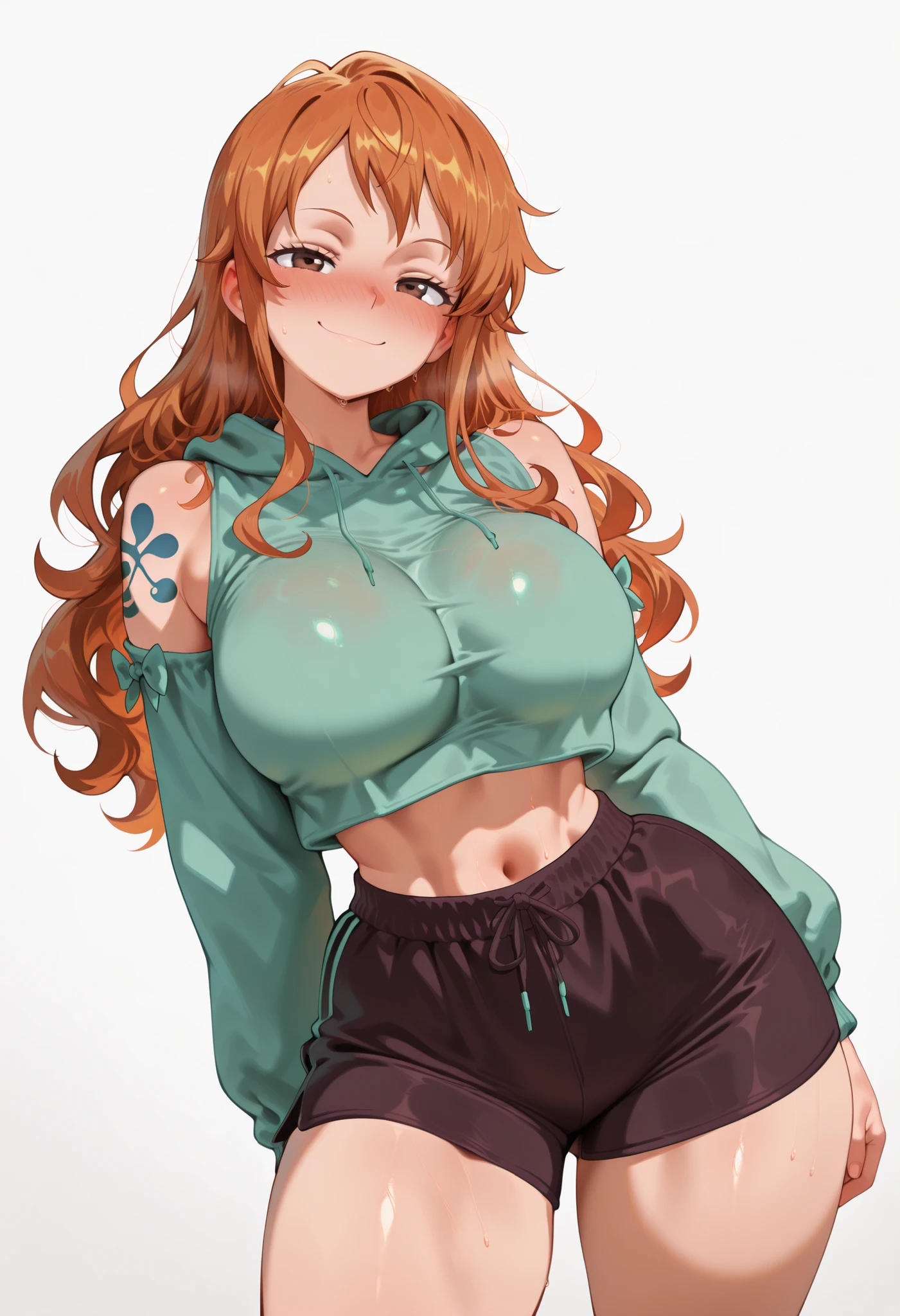 masterpiece, best quality, amazing quality, 1girl, solo, nami_post, orange hair, long hair, wavy hair, side locks, brown eyes, large breasts, shoulder tattoo, arms at behind, looking at viewer, contrapposto, large breasts, thick thigh, thick thighs, nose blush, shiny legs, shiny body, shiny hair, clear skin, clear body, white background, simple background, horny and happy, sadistic face, hoodie, shorts, smile, thick thigh, thick thighs, sfw, safe for work, bursting breasts, navel, midriff, sfw