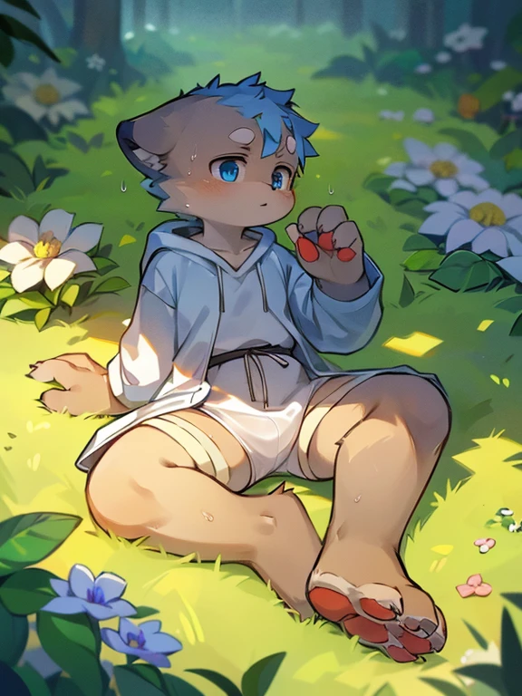 Purple-haired and barefoot Xiao Shota lay in a sea of flowers,(Light purple fur, Detailed fur, Red eyes, White hair),adolable