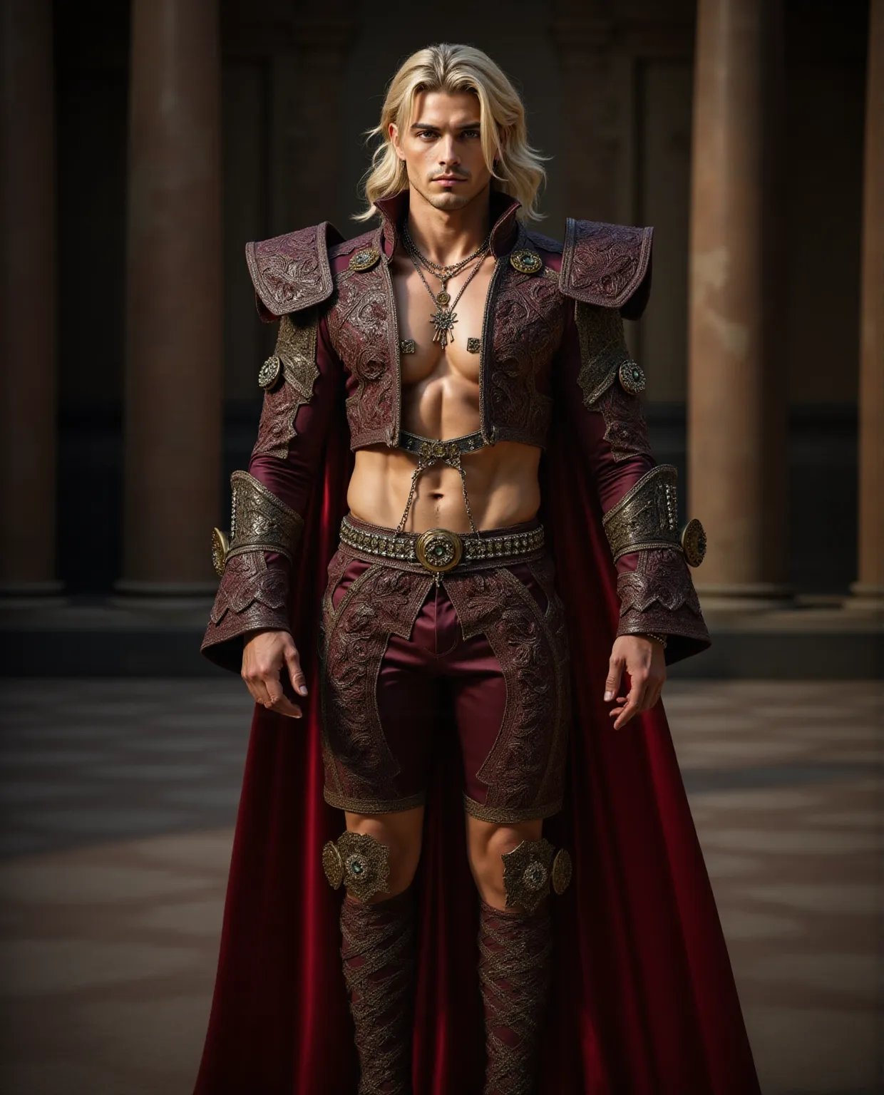 Create a captivating portrait of Magnus, an enigmatic leader with an authoritative aura. Portray his robust physique, with broad shoulders and a tall stature that commands attention. Highlight his flowing, silver-white hair that cascades down to his shoulders, and his well-groomed, silver-white beard that adds to his regal appearance. Emphasize his piercing sapphire blue eyes, reflecting wisdom and mystery. Capture his pale, flawless skin, with sharp and defined features that exude authority. Clothe him in a flowing crimson robe embellished with intricate golden patterns, symbolizing his dominion. Pay attention to the details, such as his expressive eyebrows and the pendant of an ornate dragon around his neck, signifying his might and control. Convey his commanding presence and the weight of his leadership through the image --s 1000