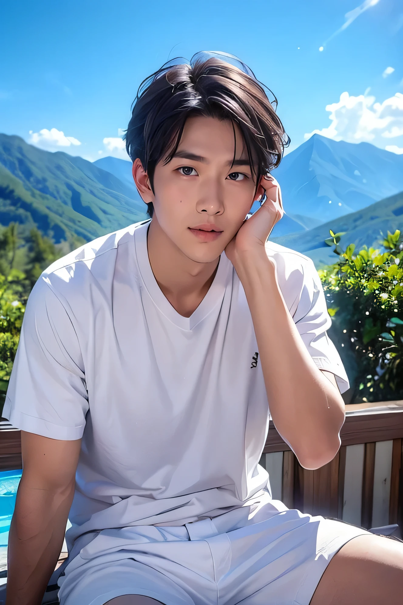 Handsome guy in his 30s男性　　Handsome guy in his 30s日本人　short hair　dark haired　　　whiteｔshirt　　There are no strings in white shorts　　　summer resort　 Plateau　 Resort　the background is a beautiful sky and mountains　 To grow big　Make Your Face Bigger 　　Make Your Face Bigger 　　Handsome guy in his 30s　　　Do a big lack of growth