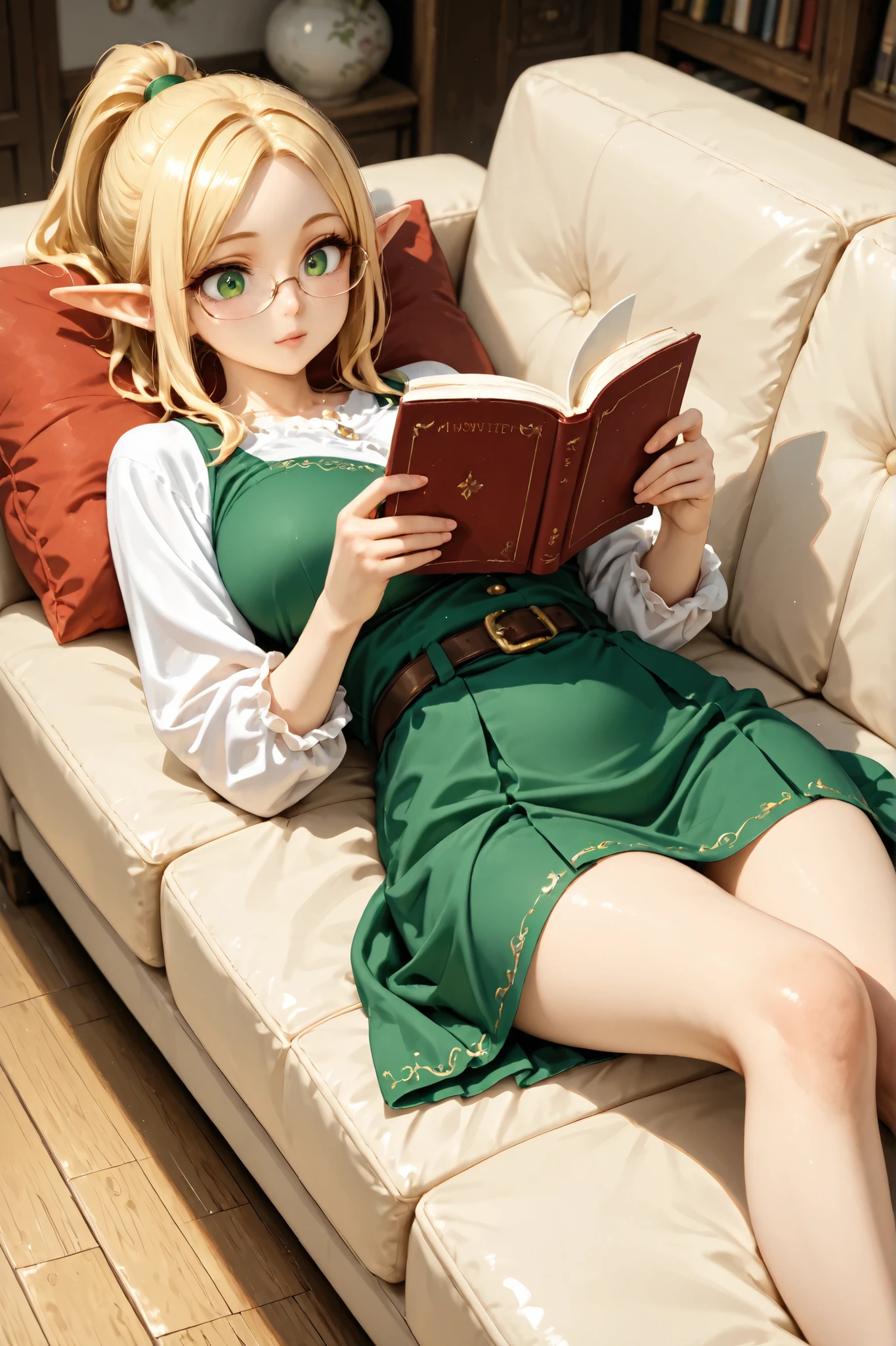 elf, milf, green eyes, blonde, ponytail, glasses, sofa, lying on back, reading book,