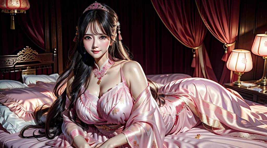 The art depicts a charming woman dressed in a flowing, silky traditional oriental dress, pink, decorated with intricate patterns and bright colors. Her dress drapes elegantly over her curvy figure, accentuating her seductive silhouette. She stood gracefully in the quiet moonlit night, bathed in the soft glow of the moonlight. The scene exudes an ethereal and dreamy atmosphere, with a touch of mystery and sexiness. The graphic style blends watercolor and digital illustration techniques to evoke a refined beauty and charm. The lights are filled with soft moonlight, casting soft highlights and shadows on her charming features. Bare thighs, big breasts, three-dimensional facial features, sitting, upturned legs