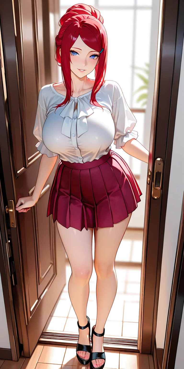 1girl, young asian woman teen, 18 years old, ((red wavy hairs with side bang)), long (high ponytail), long ((((green)) pleated skirt)) with single slit on the side, long green skirt, long skirt, ((white kimono top)), long sleeves, huge round fakebreasts, tiny waist, ((deep open v-cleavage)), tanned skin, tan, (sultry mesmerizing blue eyes), seductive smile, (red stocking), leaning foward, long green side-open skirt, panties
