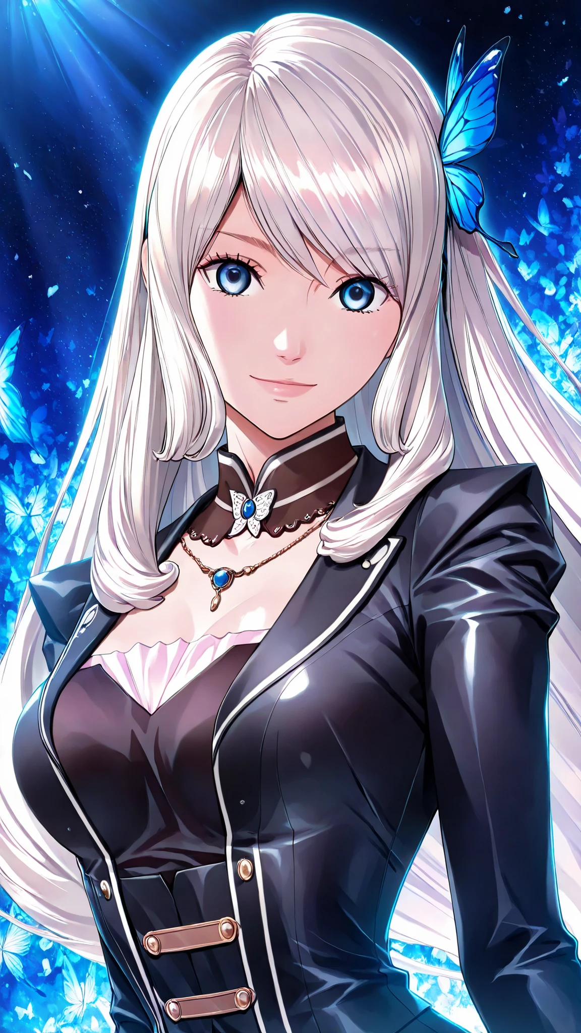 solo, Luise Meyrink,white hair, blue eyes,blue butterfly hair ornament,very long hair, Tight waist、Small waist、shiny Skin ,  (upper body), light smile,  ultra HD, dynamic lighting, vibrant colors, beautiful shading, anime-style illustration, 8k resolution, ultra HD, art by seto yuuki,looking at viewer,