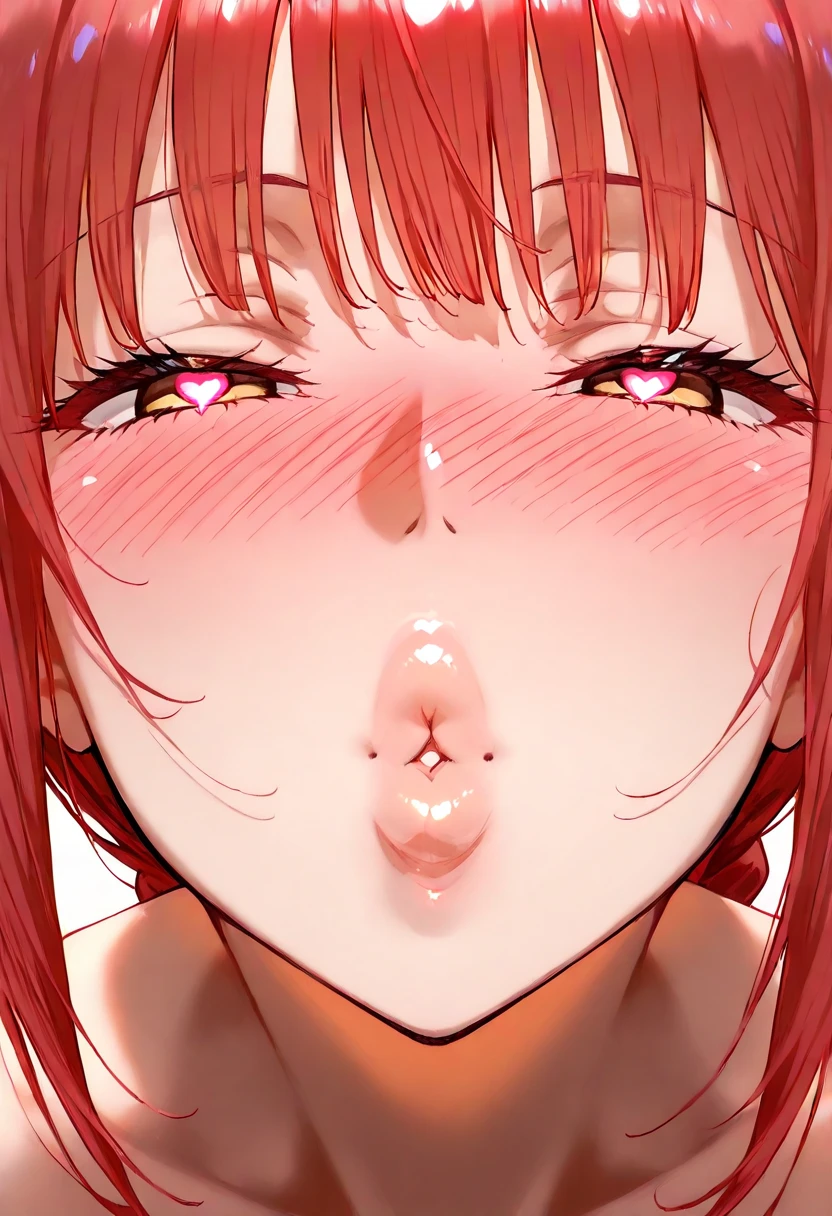 on the bed, rating_explicit, uncensored, source_anime, detailed eyes, Nausicaa, red hair, large breasts, round ass, nude, blowjob, fellatio, oral, penis, looking at viewer, blush, cum, cum in mouth, 1boy, pov, solo focus