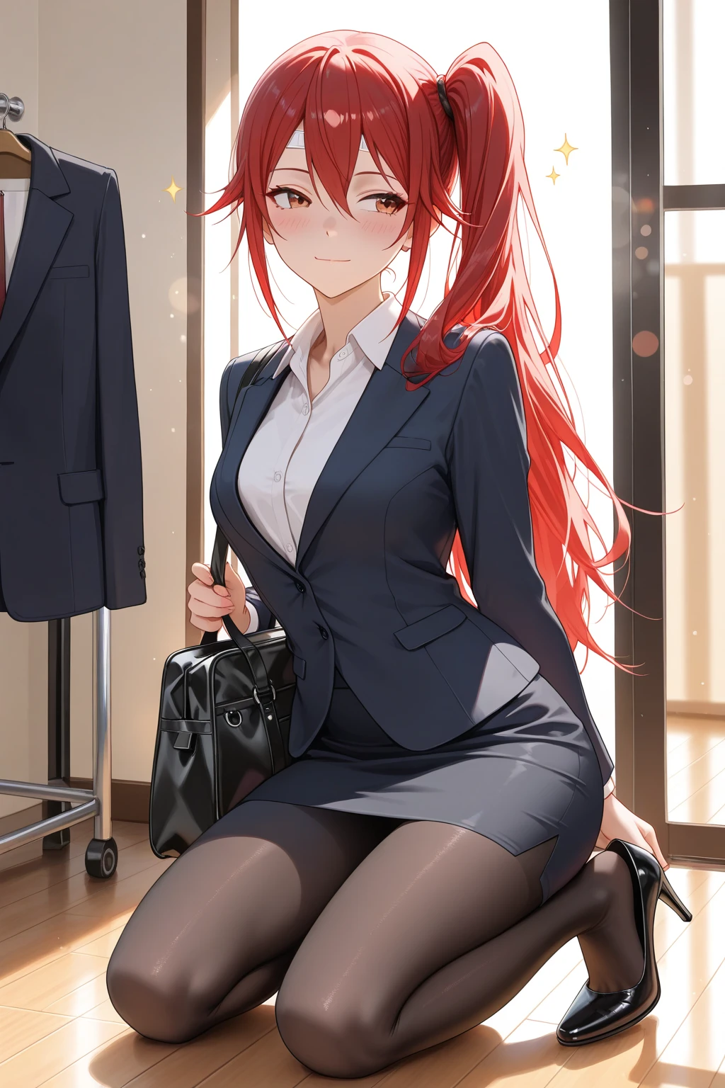 Best quality, masterpiece, A young red-haired  girl in a strict suit smiles slyly and puts her hands on her  looking at the camera