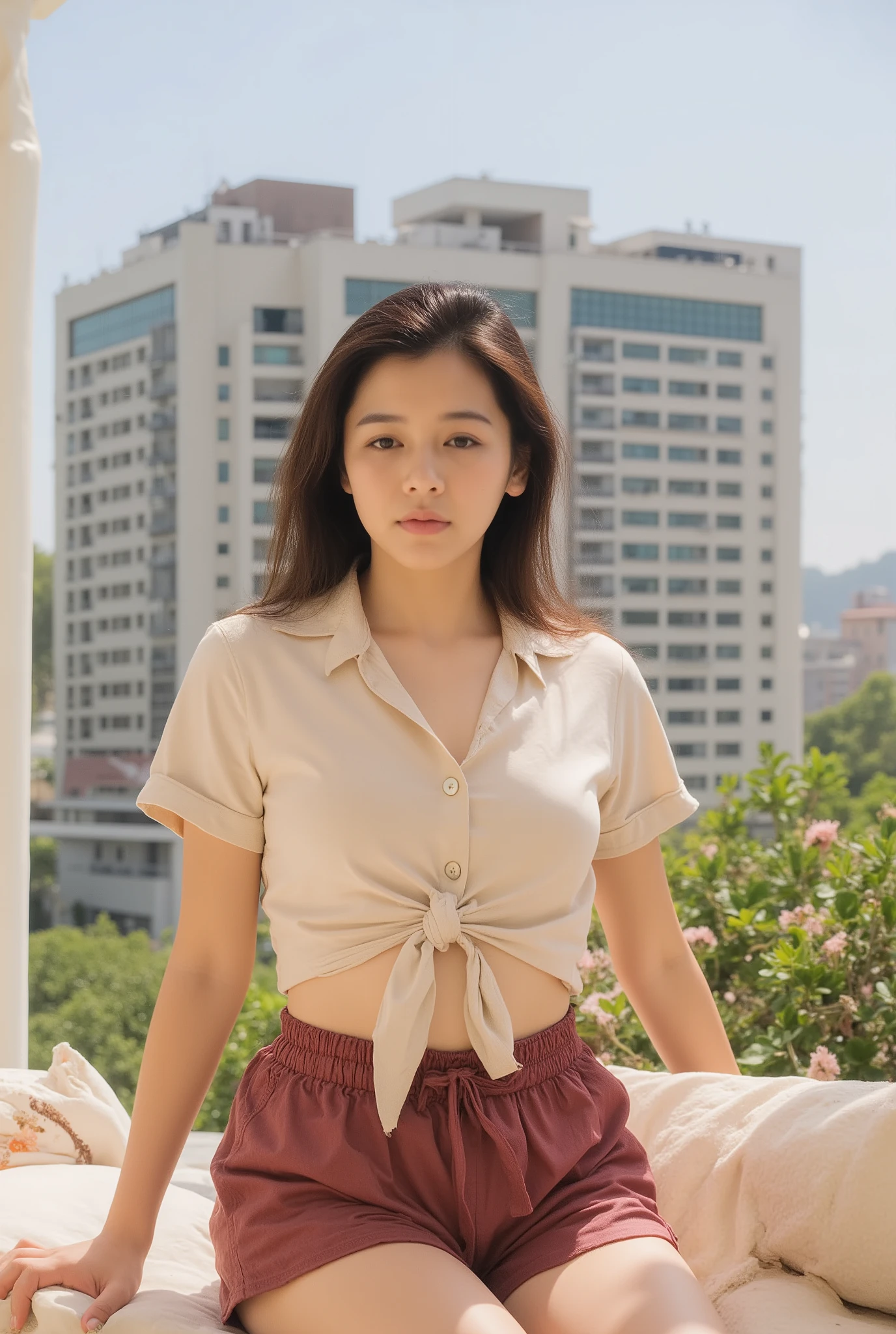 A young woman is seated in an urban setting, possibly on a terrace or balcony with a backdrop of modern city buildings. She is wearing a light beige button-up top, tied at the front, which reveals part of her midriff. Her burgundy shorts are high-waisted and slightly fit, creating a casual yet chic attire. Her dark hair falls in loose waves around her shoulders, adding to the relaxed atmosphere. The light seems to be natural daylight, brightening the scene and highlighting the textures of her clothing. The overall mood is casual and relaxed, with a hint of urban fashion influence, indicated by the cityscape visible in the background. The setting, her attire, and the lighting create a harmonious image that suggests a leisurely day in the city.