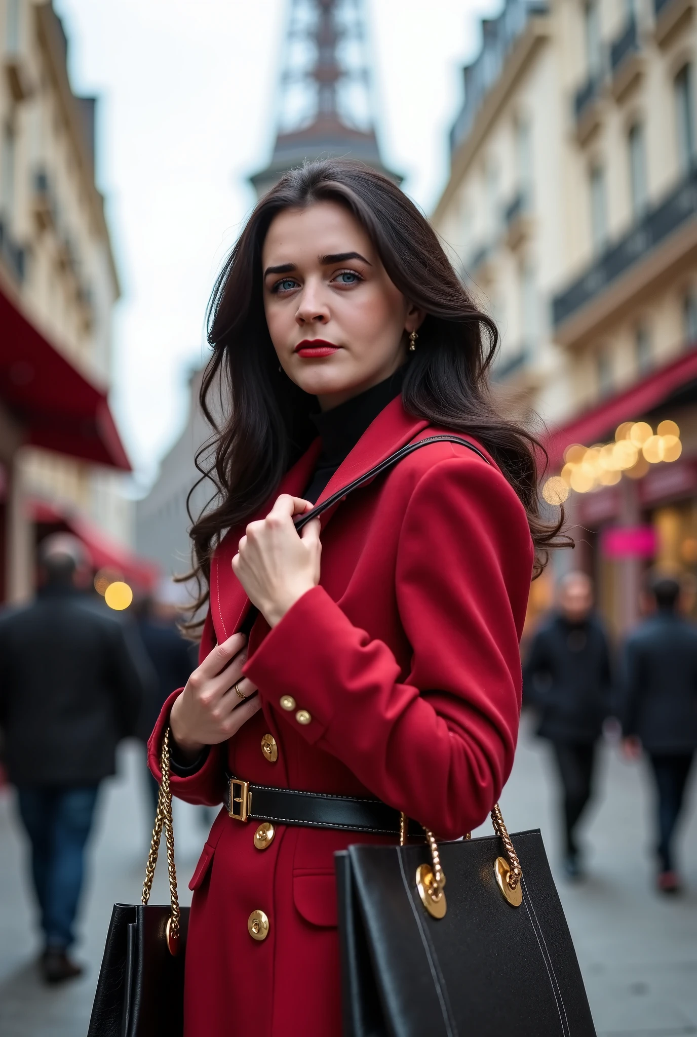 A girl wearing a red overcoat with black gloves in a town 