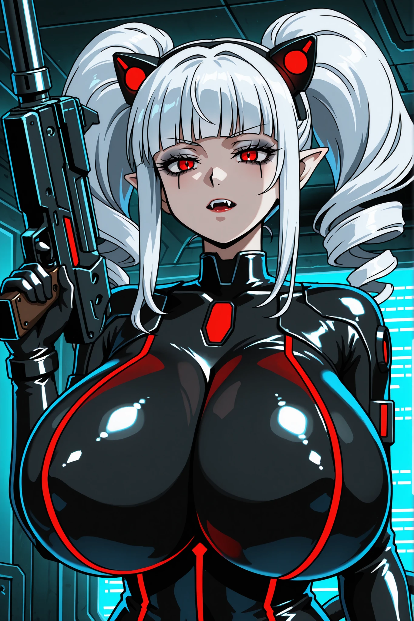 1girl, beautiful, detailed_eyes, upper body, white_twintails, drill_twintails, sexy_woman, red_eyes, voluptuous, plug_bodysuit, black_bodysuit with red, vampire_fangs, pointed_ears, holding_gun, mechanical_cat_ear_headband, mechanical_cat_tail, (gigantic breasts), sci-fi, indoors, cyberpunk, blank_eyeliner, white_eyeshadow, masterpiece, best quality, awa, aesthetic, sharp focus,