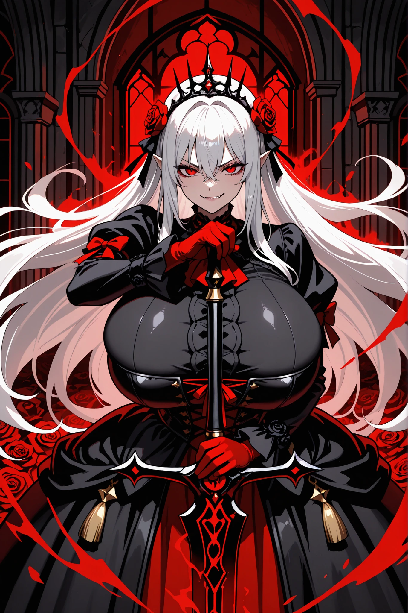 masterpiece,best quality,amazing quality,very aesthetic,absurdres,newest,1girl,bangs,vampire fangs,pointed ears,roses,hair between eyes,hair rose,hair ornament,(holding a sword), gigantic breasts,gothic medieval dress,long white hair,long sleeves,looking at viewer, red eyes, red gloves,solo,tassel,vampire,royal crown,dynamic pose, smirk,roses,((dark magic sword)),(((magic aura))), Gothic theme, gothic castle