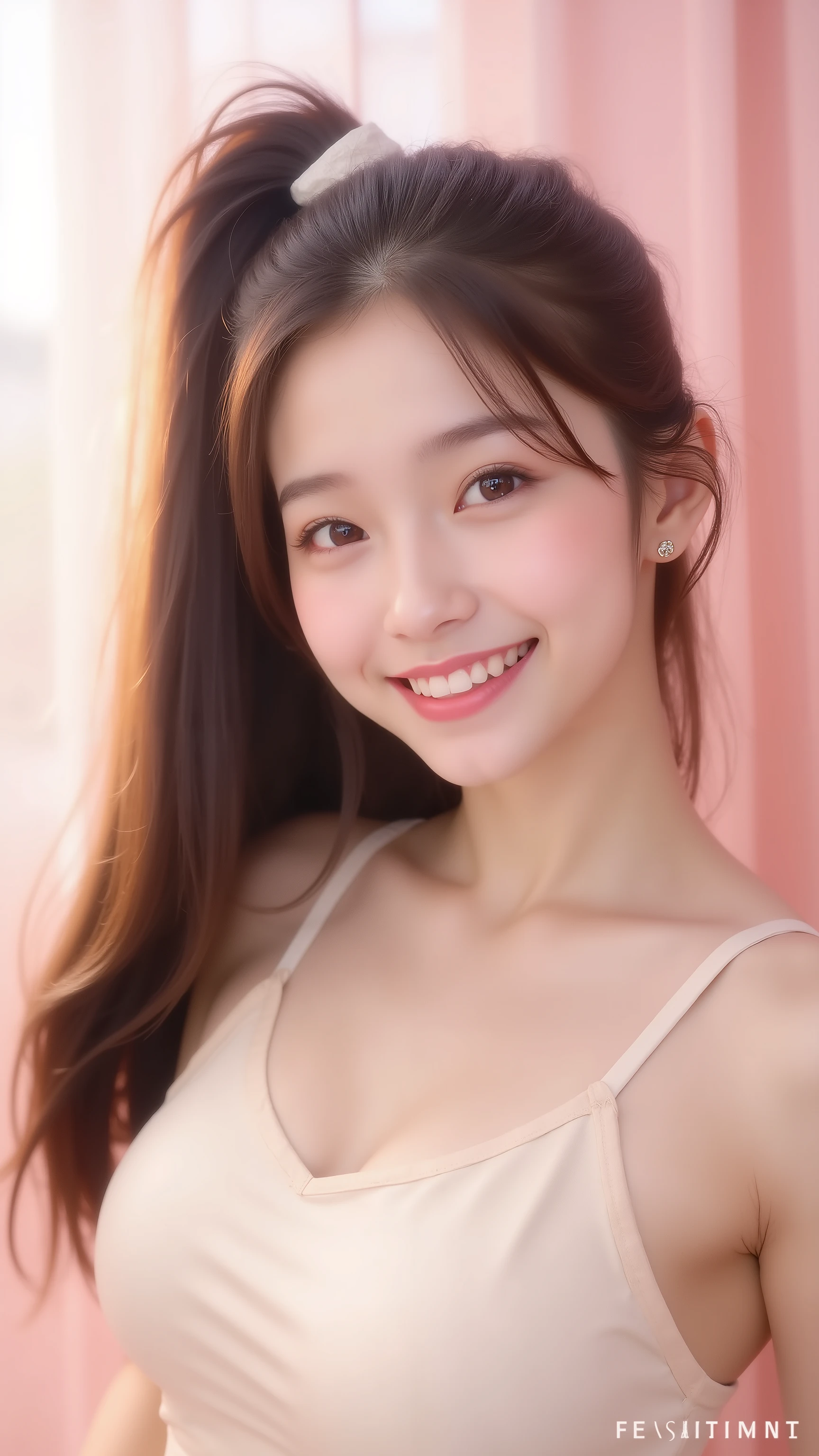 "A photorealistic fashion beauty FIGURE portrait of a graceful BRIGHTEST SMILE Japanese-Chinese woman in her early 20s, with radiant translucent skin, a gentle rosy glow, and soft luminous makeup. Her facial features are refined and elegant — slender nose, full pink lips, large expressive almond eyes with a hint of shimmer, and delicately arched brows. She wears sheer eyeshadow in peach or rose tones, glossy lip tint, and natural flushed cheeks, embodying gentle sophistication. Her long dark brown hair flows in soft waves or a loose low ponytail. The setting is a bright, airy studio with pale pink, ivory, or beige backgrounds and elegant light diffusion. Styling is soft, feminine, and modern — flowing blouses, pastel dresses, delicate accessories. Her expression is serene and slightly playful, capturing a refined, romantic mood perfect for a high-end MUSE cosmetic campaign. Shot in editorial quality, high-resolution, soft-focus edges, cinematic lighting — feminine, fresh, and graceful."