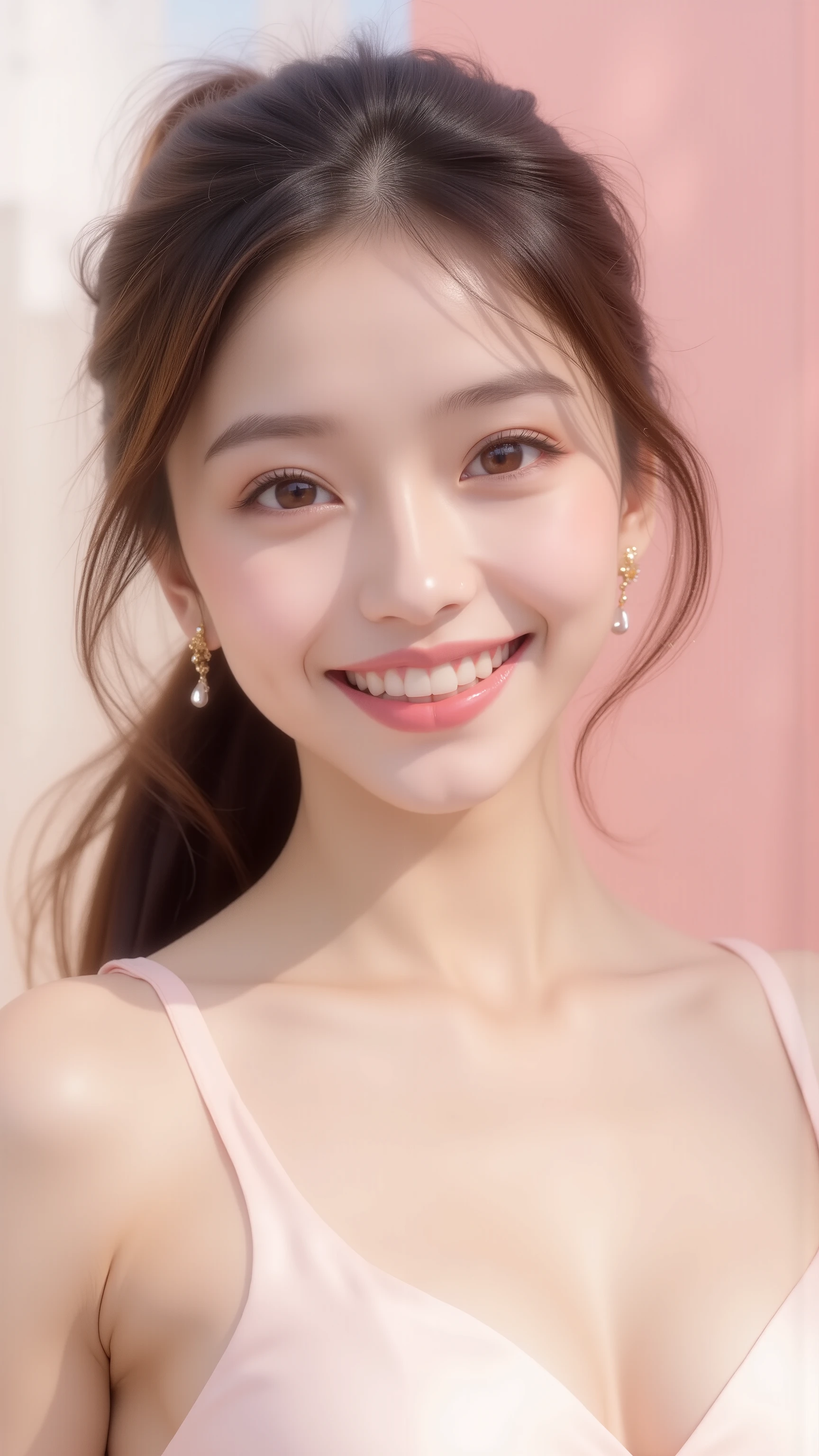 "A photorealistic fashion beauty FIGURE portrait of a graceful BRIGHTEST SMILE Japanese-Chinese woman in her early 20s, with radiant translucent skin, a gentle rosy glow, and soft luminous makeup. Her facial features are refined and elegant — slender nose, full pink lips, large expressive almond eyes with a hint of shimmer, and delicately arched brows. She wears sheer eyeshadow in peach or rose tones, glossy lip tint, and natural flushed cheeks, embodying gentle sophistication. Her long dark brown hair flows in soft waves or a loose low ponytail. The setting is a bright, airy studio with pale pink, ivory, or beige backgrounds and elegant light diffusion. Styling is soft, feminine, and modern — flowing blouses, pastel dresses, delicate accessories. Her expression is serene and slightly playful, capturing a refined, romantic mood perfect for a high-end MUSE cosmetic campaign. Shot in editorial quality, high-resolution, soft-focus edges, cinematic lighting — feminine, fresh, and graceful."