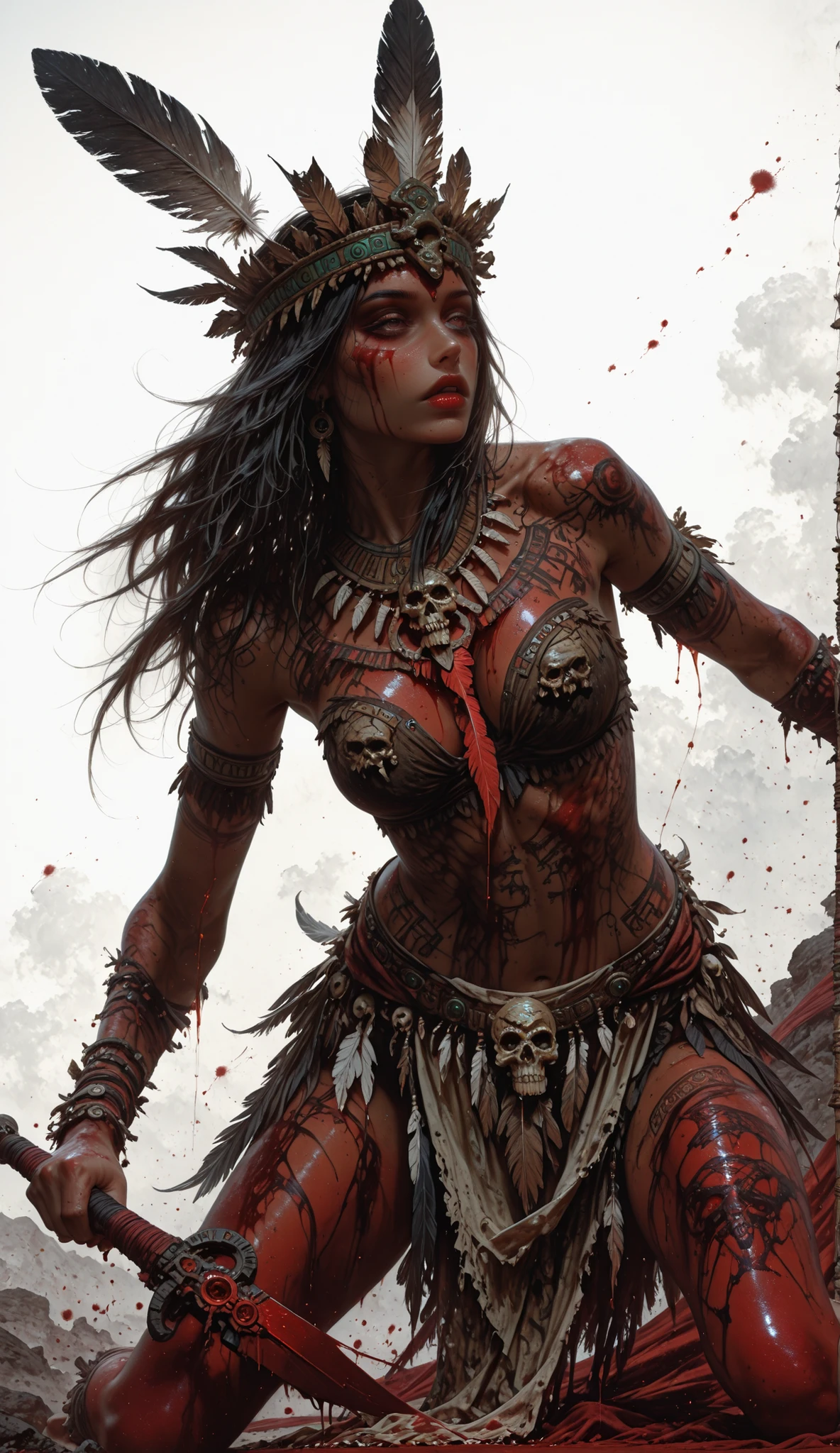 A hyperrealistic digital painting of a beautiful Aztec shaman, with a sexy body, cloth clothing, a crown of bones and feathers, and body paint, covered in blood, performing a sacrifice. Her pose and angle are dynamic, reflecting both seduction and terror.