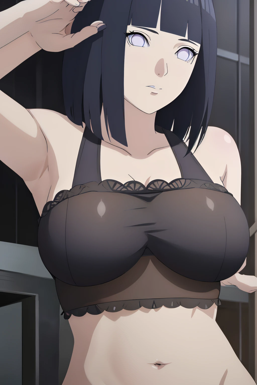 masterpiece, (intricate details), (colorful),cinematic lighting,extremely detailed CG unity 8k wallpaper ,hinata\(boruto\), 1girl,solo, large breasts, (hinata, hyuuga hinata, purple eyes, blunt bangs, black hair) big breasts, perfect breasts, large breasts, round breasts, sexy body, slim waist, nice hips, black bra, cleavage, bare shoulders, collarbone, underboob, white bikini, bikini, swimsuit, small bikini, plain background, close up shot, portrait, upper body shot, white backdrop, perfect eyes, glowing eyes, beautiful eyes, black background, simple background, no background ,