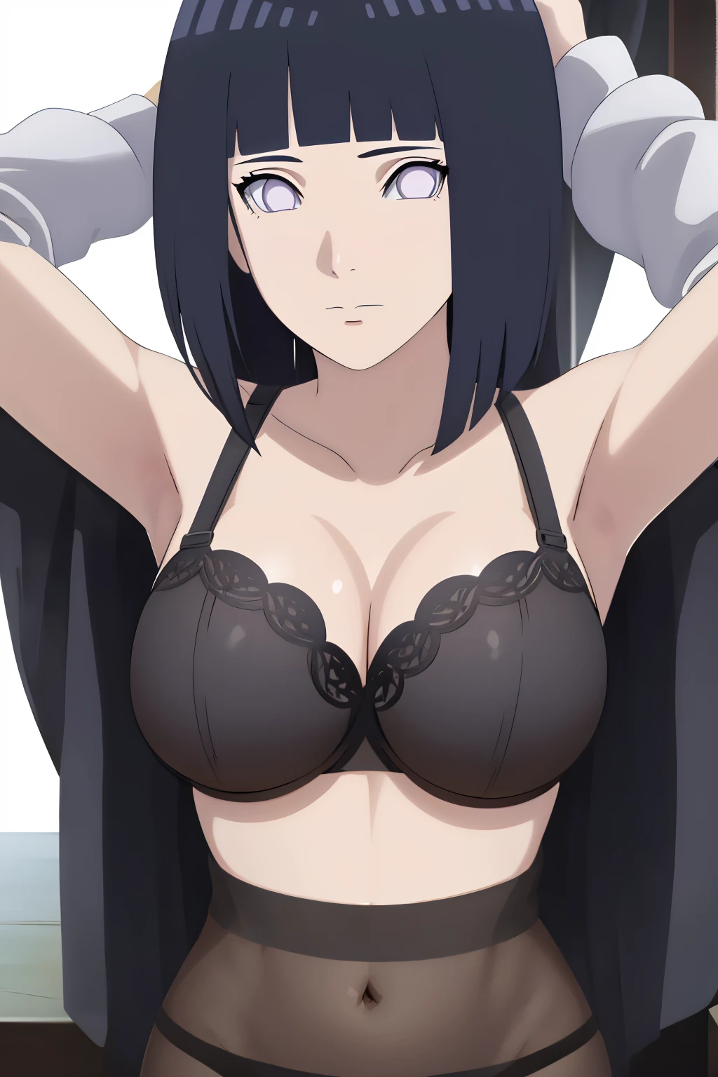 masterpiece, (intricate details), (colorful),cinematic lighting,extremely detailed CG unity 8k wallpaper ,hinata\(boruto\), 1girl,solo, large breasts, (hinata, hyuuga hinata, purple eyes, blunt bangs, black hair) big breasts, perfect breasts, large breasts, round breasts, sexy body, black bra, push up bra, cleavage, bare shoulders, collarbone, underboob, plain background, close shot, portrait, upper body shot, headshot, white backdrop, perfect eyes, glowing eyes, beautiful eyes, black background, simple background, no background ,