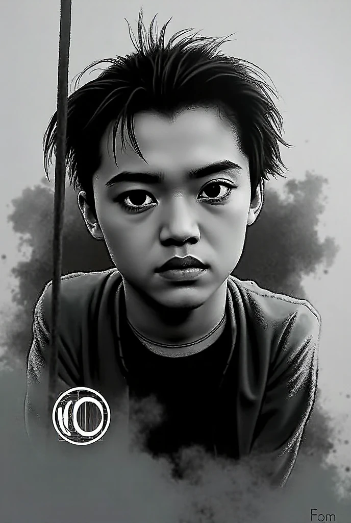 Manga boy in oil painting, black andwhite