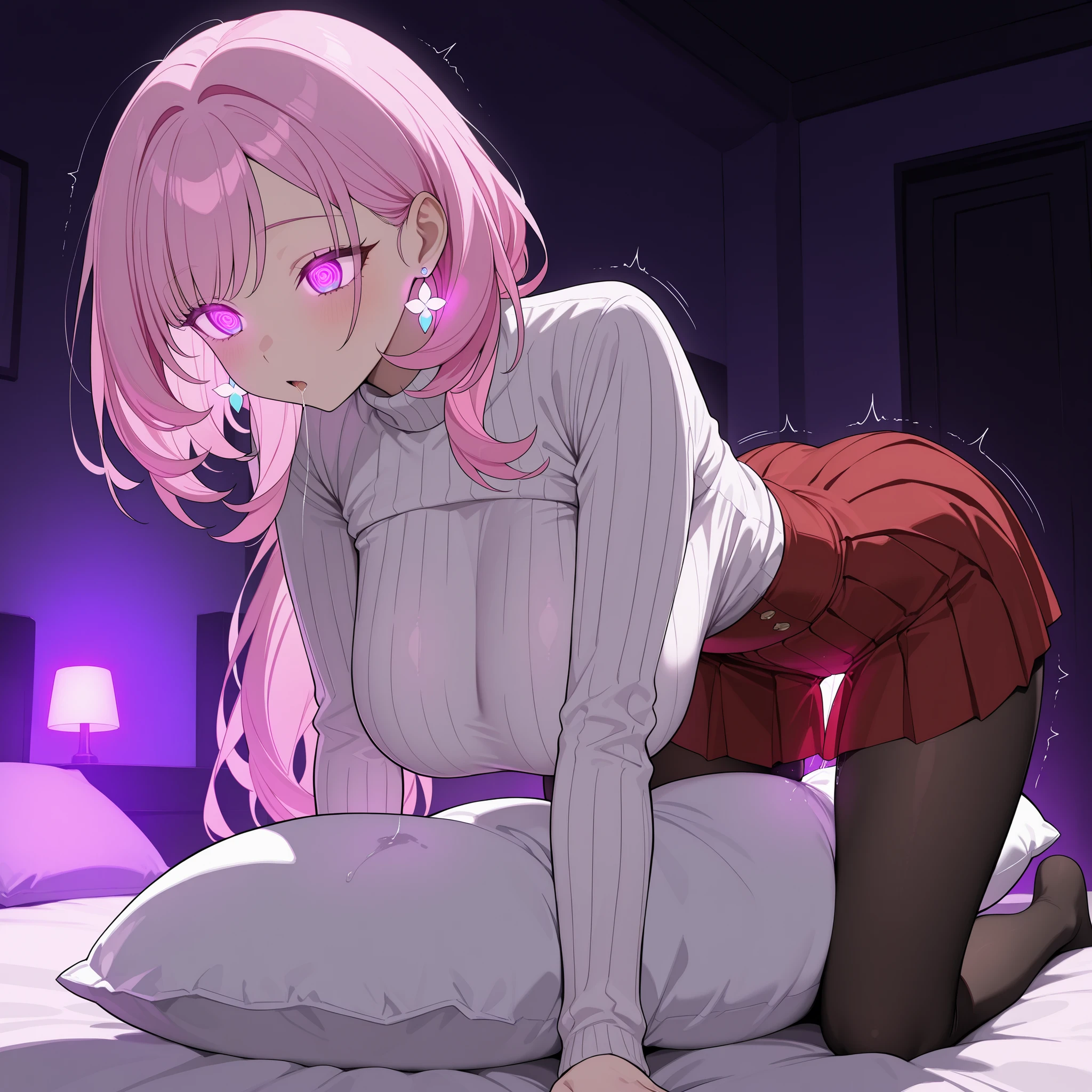 score_9, score_8_up, score_7_up, 1girl, sole female, only female, (top quality, 8k), high resolution, smooth, best quality, highly detailed, bedroom at night, in bed, purple light, (dark room), large breasts, glowing hypnotic waves in the background, at night, masterpiece, high quality, absurd resolution, blush, happy, glowing red eyes, spiral eyes, looking up, facing up, emotionless, sleepy, hanging breasts, masturbating, jewelry, earrings, Elysia, pink hair, white turtleneck sweater, red pleated skirt, high waist skirt, black stockings, thigh gap, very thin legs, long legs, saliva trail, drooling, saliva trail to the bed, pillow between legs, motion lines, body pillow, pillow humping, clothed masturbation, crotch rub, hands on bed, all fours, hanging breasts, motion lines by butt, trembling, cowboy shot, looking down, drooling
