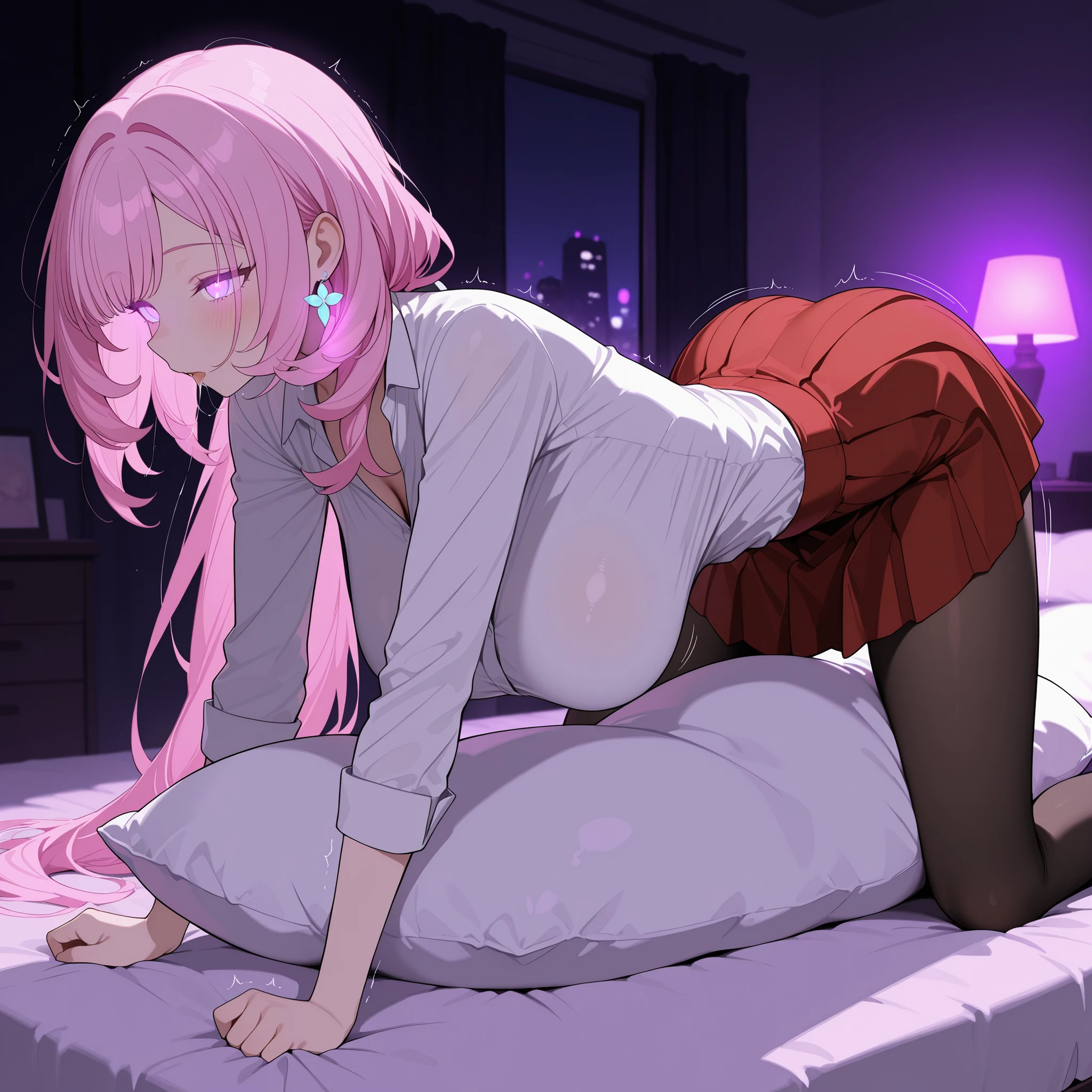score_9, score_8_up, score_7_up, Elysia, 1girl, sole female, only female, (top quality, 8k), high resolution, smooth, best quality, highly detailed, bedroom at night, in bed, purple light, (dark room), large breasts, glowing hypnotic waves in the background, at night, masterpiece, high quality, absurd resolution, blush, happy, glowing eyes, looking up, facing up, emotionless, sleepy, hanging breasts, masturbating, jewelry, earrings, very long hair, white blouse, pink hair, office lady, red pleated skirt, high waist skirt, black pantyhose, very thin legs, long legs, saliva trail, drooling, saliva trail to the bed, pillow between legs, motion lines, body pillow, pillow humping, clothed masturbation, crotch rub, hands on bed, all fours, hanging breasts, motion lines by butt, trembling, cowboy shot, looking down, drooling, hanging breasts, taut clothing, on all fours, hands on bed, beautiful eyes
