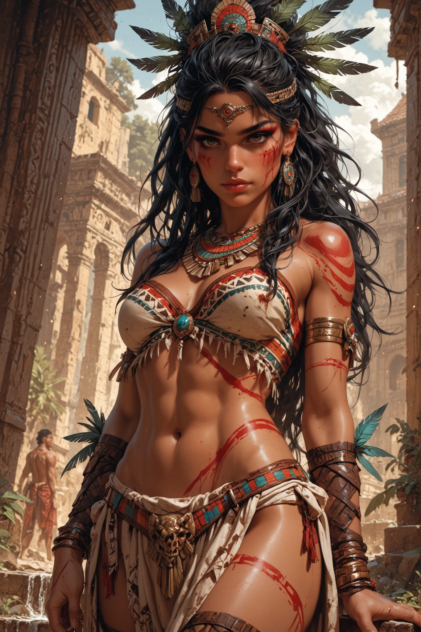 A hyperrealistic digital painting of a beautiful Aztec shaman, with a sexy body, cloth clothing, a crown of bones and feathers, and body paint, covered in blood, performing a sacrifice. Her pose and angle are dynamic, reflecting both seduction and terror.