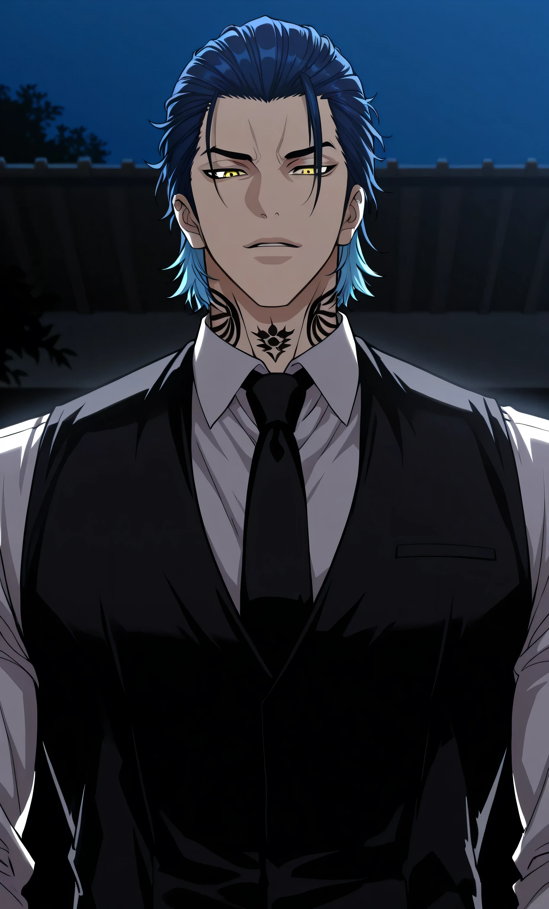 1male,solo,shiba taiju,short hair,white and blue hair,slicked-back hair,yellow eyes,grim,white shirt,black vest,black necktie,neck tattoo,muscle,night,Lookism