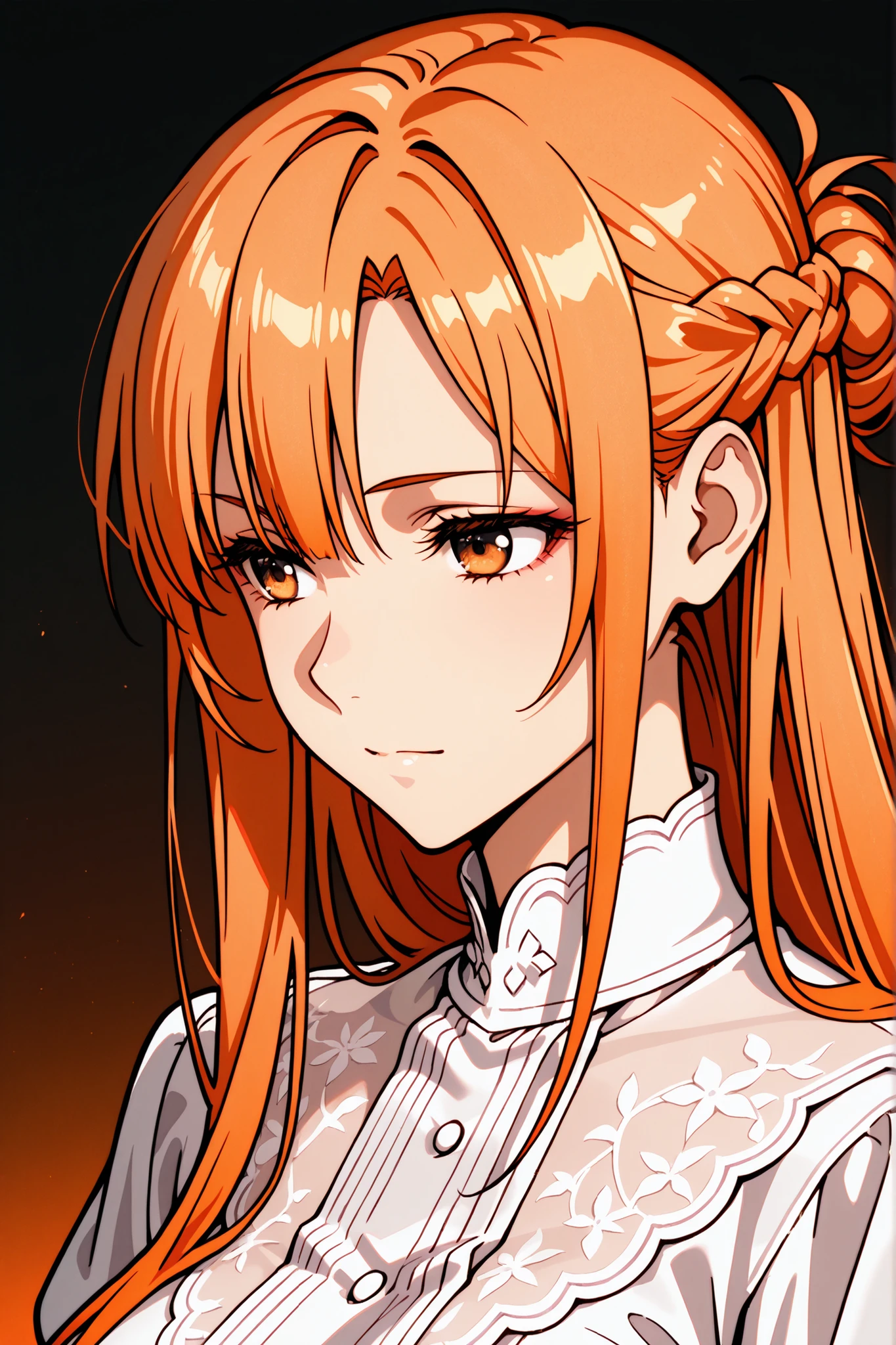 1girl, Yuuki Asuna, long hair, orange blond hair, ((hazel eyes)), straight bangs, side braid half updo, solo, soft curves, real light and shadow, beautiful detailed face, intricate details, masterpiece, best quality, color_gradient background,
