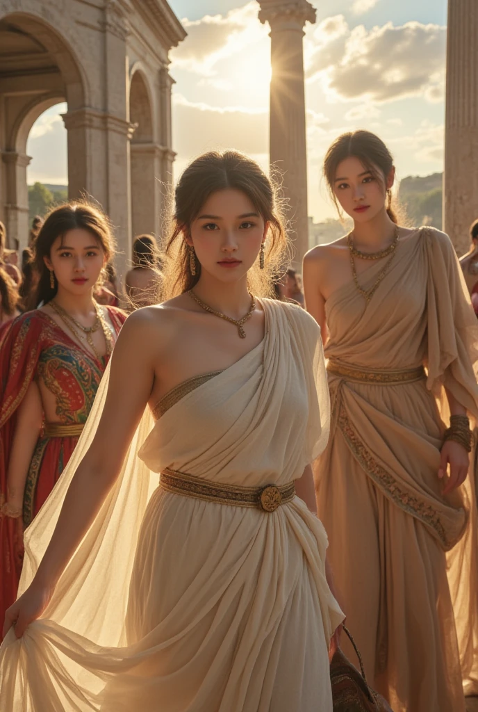 full body portrait or statue、Giorgione painting style,Arguments of two female Philosophe,math、astronomical machine、astronaut、roses in vase、fruits、Cute trinkets、smile、ancient greek costume、Ancient Roman landscape in the style of Nicolas Poussin,laughter,,Sweet and  appearance.、Caravaggio's paintings、Chiaroscuro of Caravaggio、hair tousled by the wind,Two women frolicking,cute smile, expression of ,Sexy,