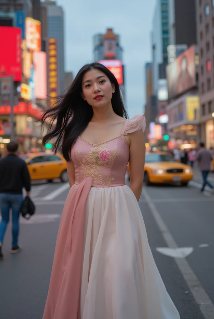 A photo of a woman in a designer summer dress. The dress should have an avant-garde design, be white, loose, and suitable for daytime office commuting, so not too ostentatious. The setting should be a fashionable urban environment, with stylish buildings and modern architecture in the background. It's summer, and the woman is walking towards the viewer with an engaging smile, exuding elegance and confidence. The model is of Nigerian and Korean heritage, with accessories including a chic pale blue handbag and stylish pale blue jewelry. Ensure the lighting emphasizes the textures and details of the dress and accessories, and conveys a vibrant, sunny atmosphere.