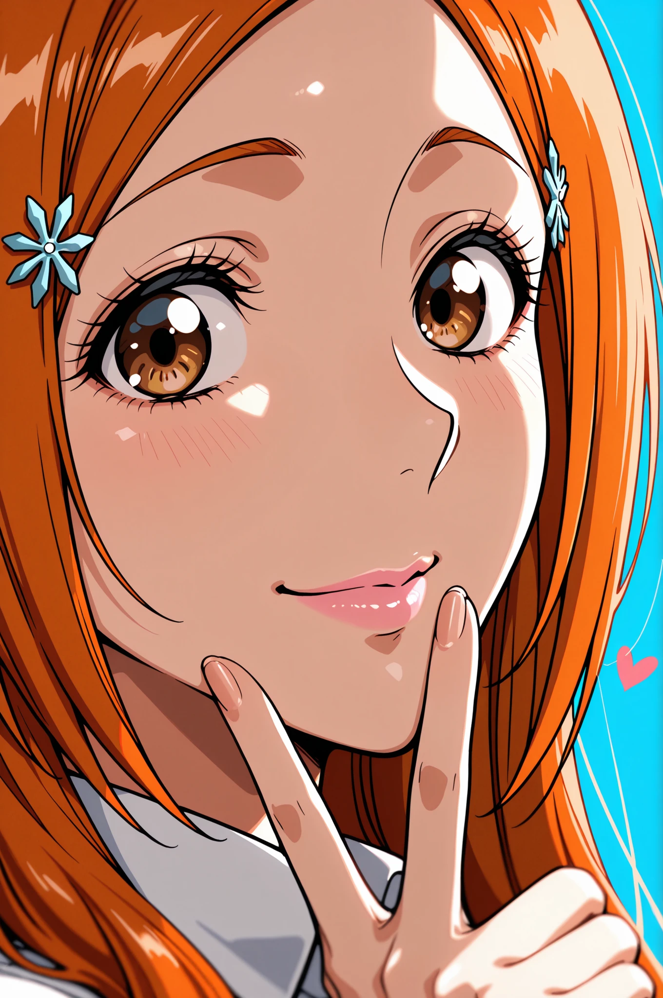 1girl, inoue orihime, close-up portrait, female, woman, hair clip,orange hair,long hair,brown eyes,fair skin,Shiny skin,pink lips,white collared shirt,simple background,blue background,v sign,one hand,heart,depth of field,slight smile,looking at viewer,from the side,clean lines,smooth lines,sharp, masterpiece, best quality, newest, highly detailed,