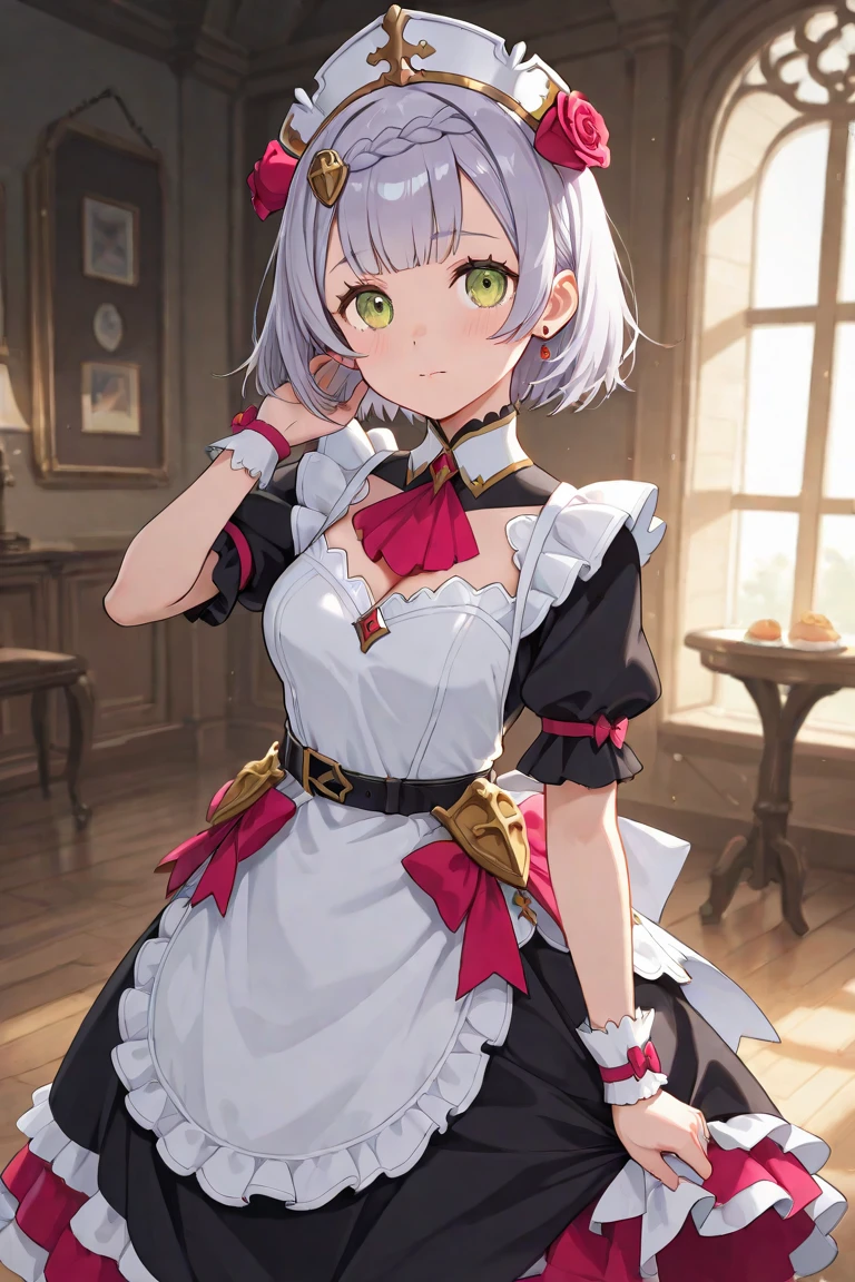 masterpiece, highest quality, figure, Fighting Pose, One girl, Noel Genshin Impact, Silver short hair, Green Eyes, Maid skirt with red side parts, Maid Knight, Maid Knight armor, City Bridge, water,