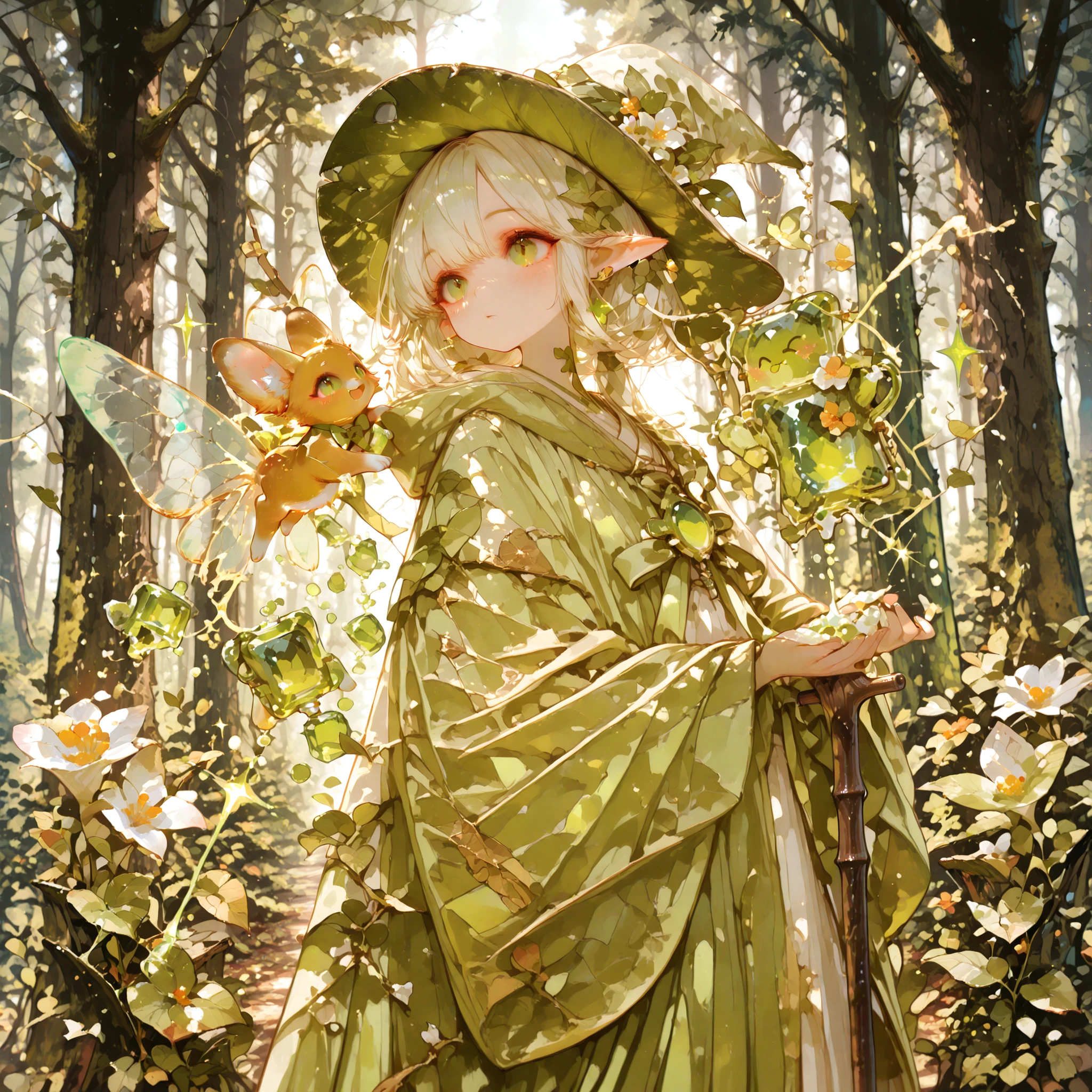 Superb Quality, Perfect Details, 8K resolution , Natural Elf Witch, Head Decorated with Flowers and Leaves, emerald eyes, Natural Linen Robe, wooden cane, Healing Magic, Forest Spirits, Sparkling Magic Powder, Sacred Ancient Forest, Warm Magical Light