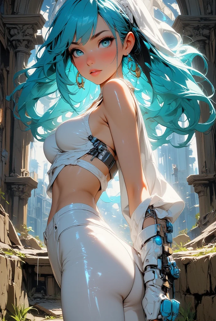 Create a dynamic and highly detailed digital character art in the style of sakimichan using v-ray render in 8k. The subject is Bulma Briefs from dragon ball, a mature woman with iridescent green hair and blue eyes. Her skin is pale and oily. She is wearing an intricate wedding dress with lace trim. She is looking at the viewer in a cute candid pose. The artwork should have dramatic and cinematic lighting, including rim and volumetric lighting effects. The colors should be vibrant and alive with motion. The angle should be dynamic and slightly tilted (Dutch angle) for added drama. The background should be a dark theme night time cityscape, aesthetic, masterpiece:1.2, <lora:bulma_v1:0.6>, <lora:sakimichan-v1.6-lora-naivae-newcraft-block-4ep:0.45>, <lora:wedding:0.4>