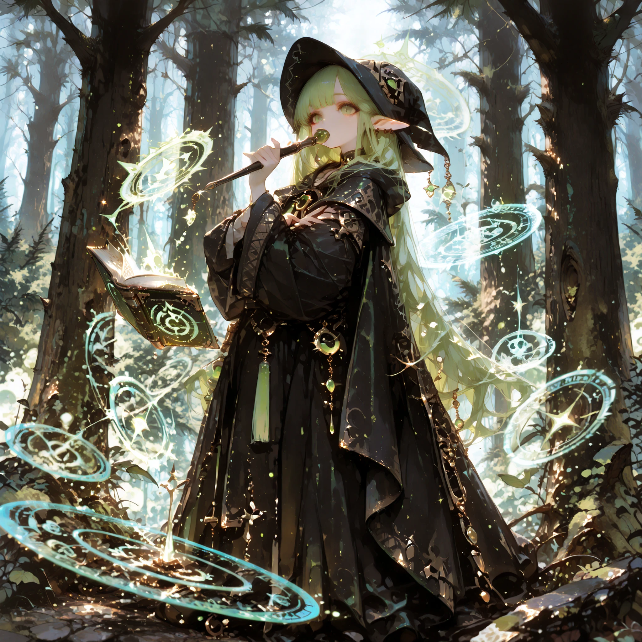 Best Quality, masterpiece, Perfect Details, beautiful elf witch, long pointed ears, mysterious green eyes, has long silvery hair, Black Wizard's Robe, Gold Jewelry, Magic Wand, Floating Magic Circle, Ancient magic book, Magical Forest , under the moonlight, Shining Magical Effects, mystical atmosphere, Old trees