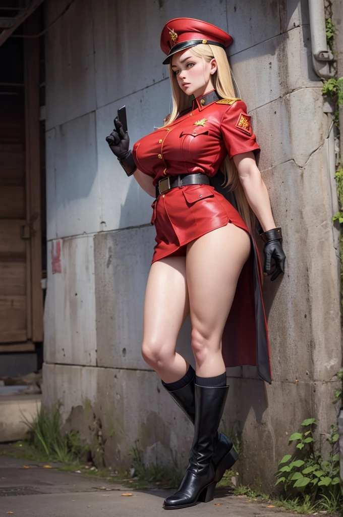 (masterpiece, best quality:1.2), covered in blood, walking, seras victoria, hellsing, 1girl, solo, hair over one eye, smile, short hair, blonde hair, glowing red eyes, huge breasts, red uniform, military uniform, red skirt, red gloves, belt, (black thighhighs:1.1), torn thighhighs, night sky, outdoors, anti-materiel rifle, <lora:SERASV-15:0.7>
