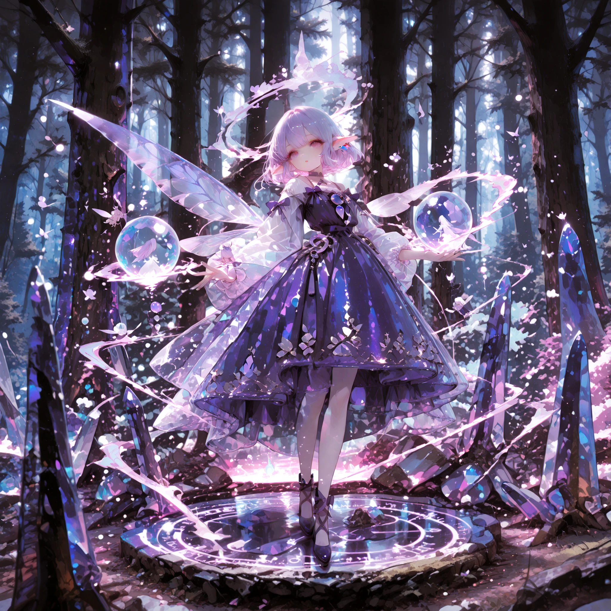 super resolution, Superb Quality, RAW photos, Fairy Elf Witch, Purple Gradation Head, Sleek Features, Embroidered Magic Gown, Crystal Ball Necklace, Magic Light, Ancient Magic Circle, Mysterious Mist, Magical Particles, Forest Altar with Moonlight, Floating Magic Tools