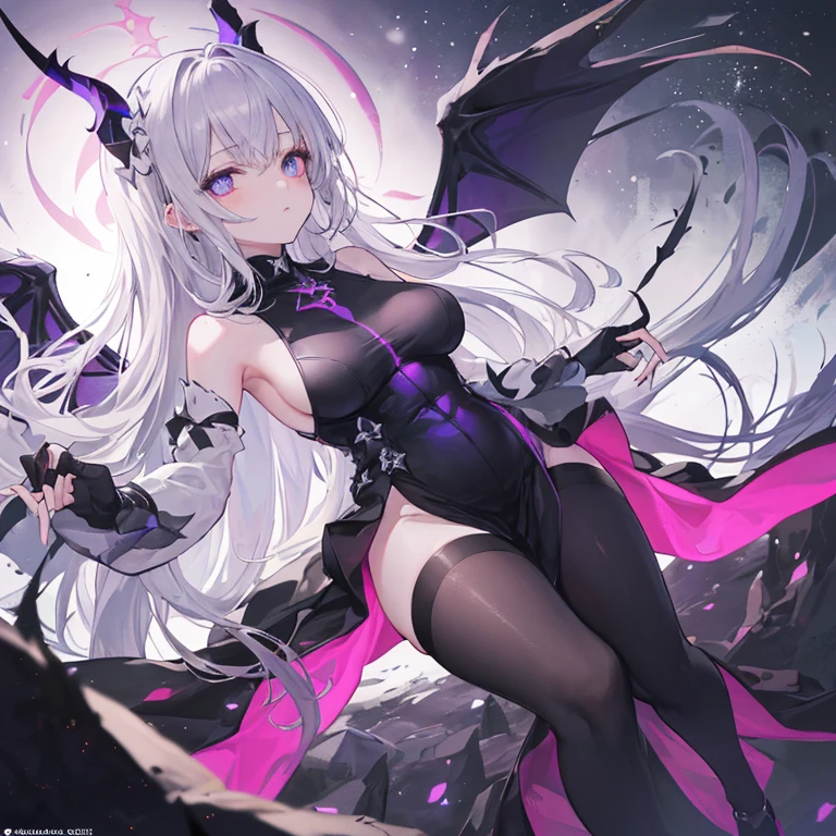 Creamy white hair,Dark purple pupils,Bigchest,Cute and seductive succubus girl