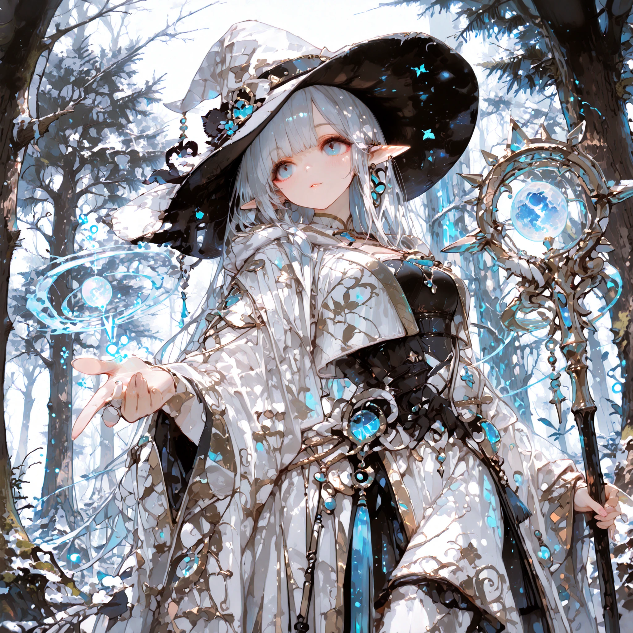 Best quality. Masterpiece. Perfect detail. Elf witch. Witch hat. Waist shot. Medium breast. Blue eyes like the deep sea. Silver hair. Natural robe. A staff. Ancient magic circles. Under the Moon. Magical forest. Grimores. Old trees.