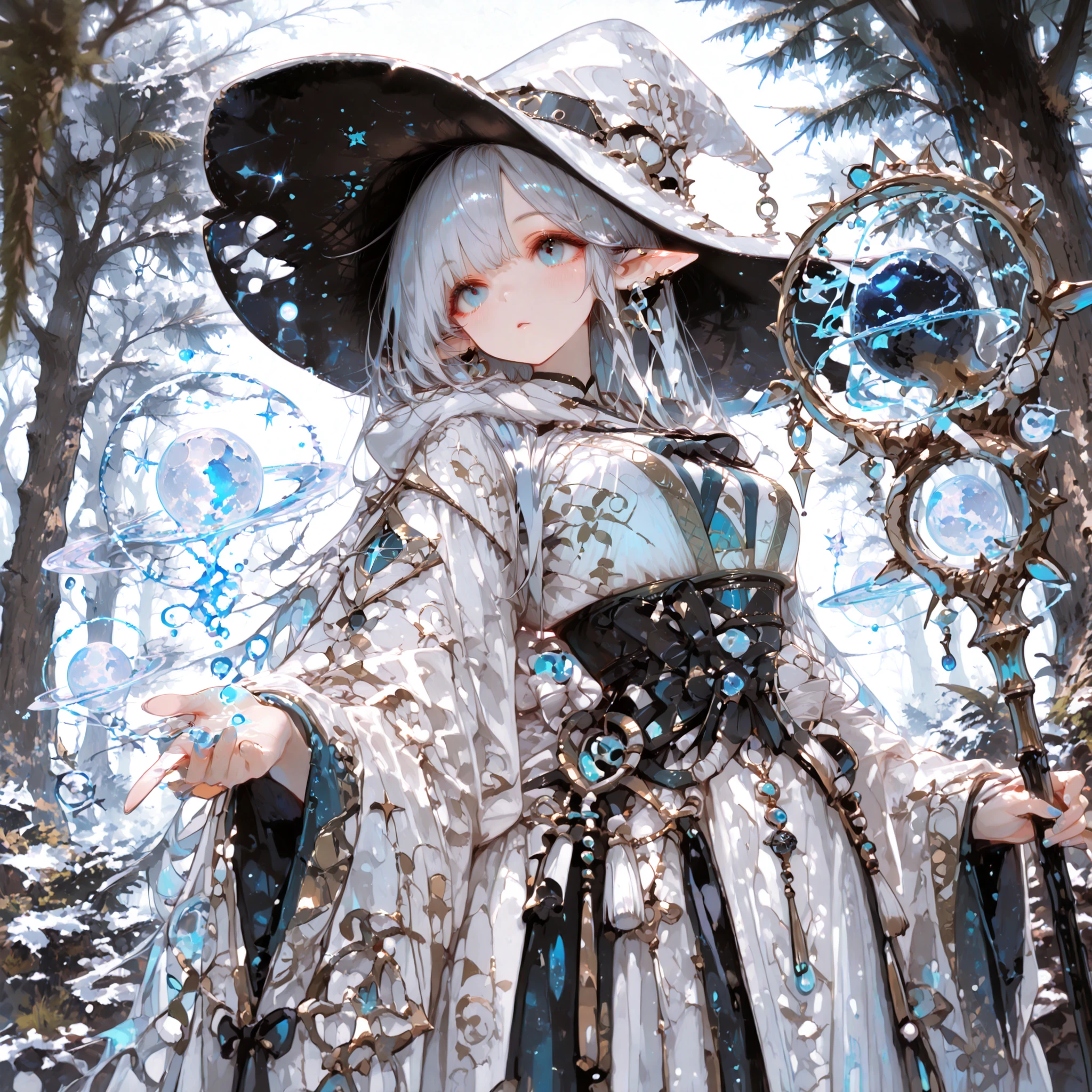 Best quality. Masterpiece. Perfect detail. Elf witch. Witch hat. Waist shot. Medium breast. Blue eyes like the deep sea. Silver hair. Natural robe. A staff. Ancient magic circles. Under the Moon. Magical forest. Grimores. Old trees.