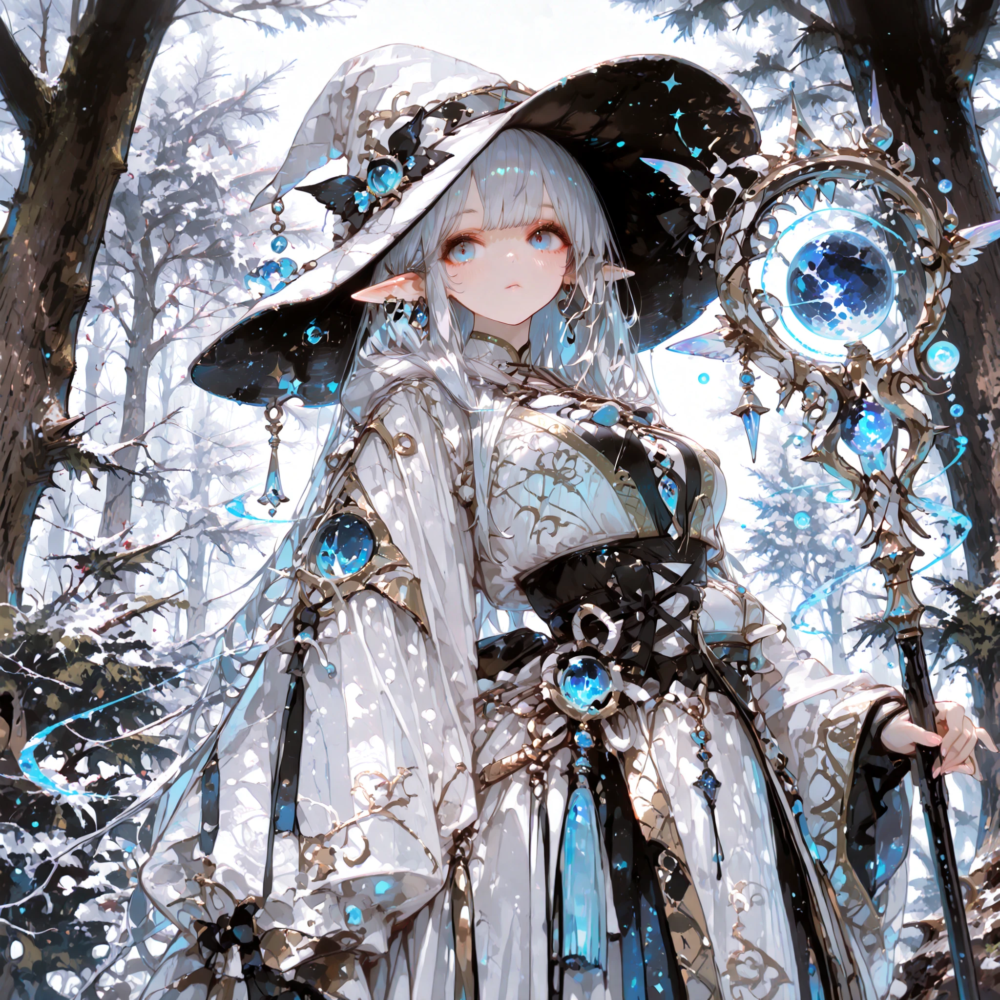 Best quality. Masterpiece. Perfect detail. Elf witch. Witch hat. Waist shot. Medium breast. Blue eyes like the deep sea. Silver hair. Natural robe. A staff. Ancient magic circles. Under the Moon. Magical forest. Grimores. Old trees.