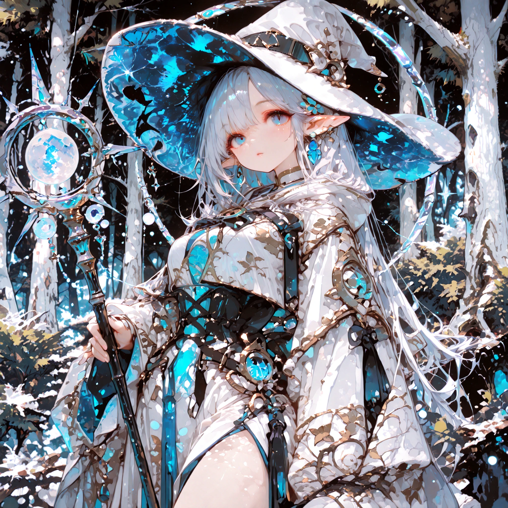 Best quality. Masterpiece. Perfect detail. Elf witch. Witch hat. Waist shot. Medium breast. Blue eyes like the deep sea. Silver hair. Natural robe. A staff. Ancient magic circles. Under the Moon. Magical forest. Grimores. Old trees.