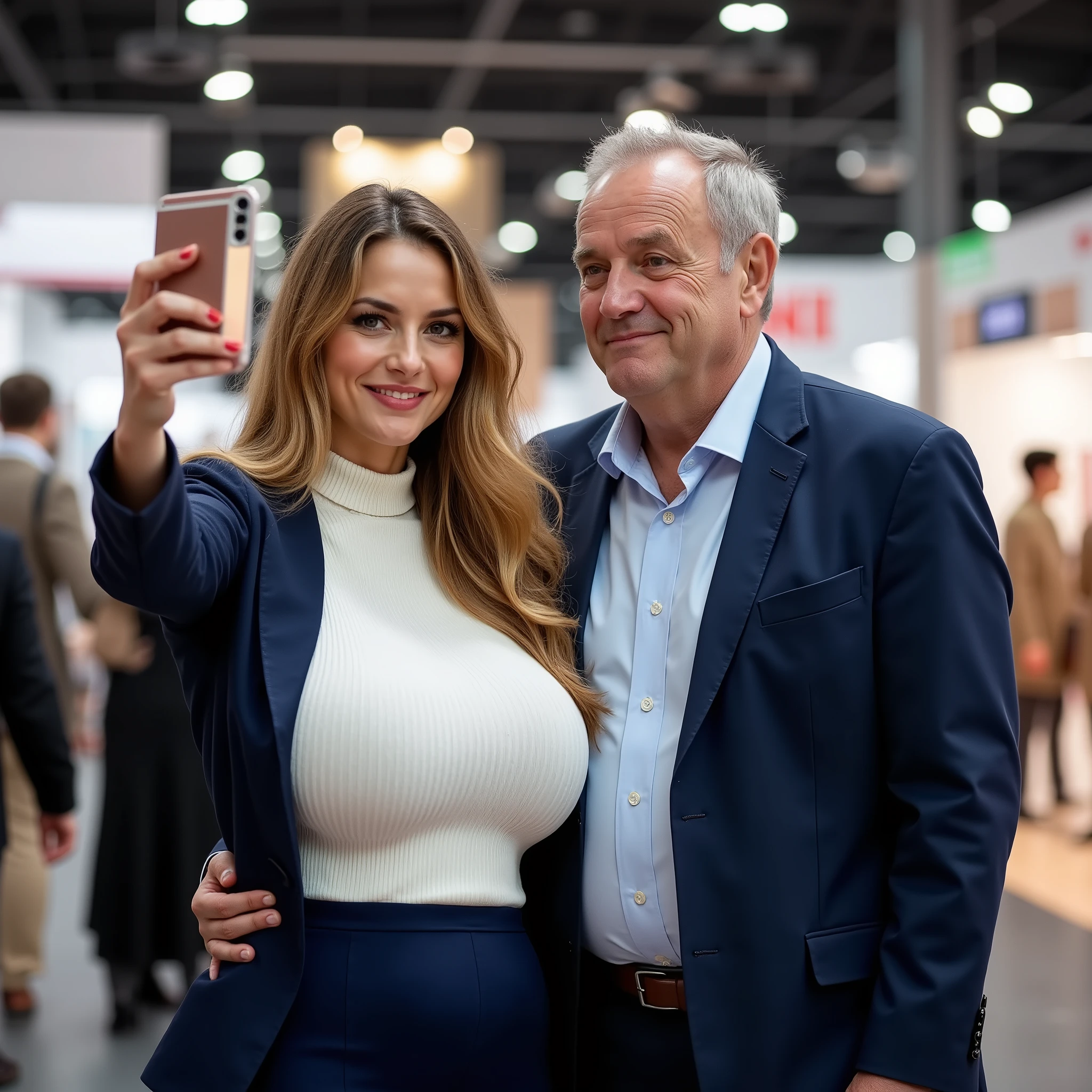 
A 40 years old very beautiful hostess on a trade fair, long dark blonde hair falling a little erotically over her left shoulder, small pregnant belly, she has huge massive low hanging sagging big breasts , ihre extrem riesigen und schweren Brüste hängen bei ihr hinunter bis zum Gürtel, ihre riesigen Brüste hängen hinunter bis zum Gürtel, large ass , wide hips, high resolution, 4k. person full in frame, from head to toe.

The beautiful hostess is posing for a selfie with a 70 years old male customer at the very crowded trade fair. Both persons are standing close to each other and the customer raises the smartphone to take the picture. The hostess is impeccably dressed in a white rough knitted turtleneck top, a dark blue business jacket,  dark a blue very long business skirt reaching down to her high heels. 