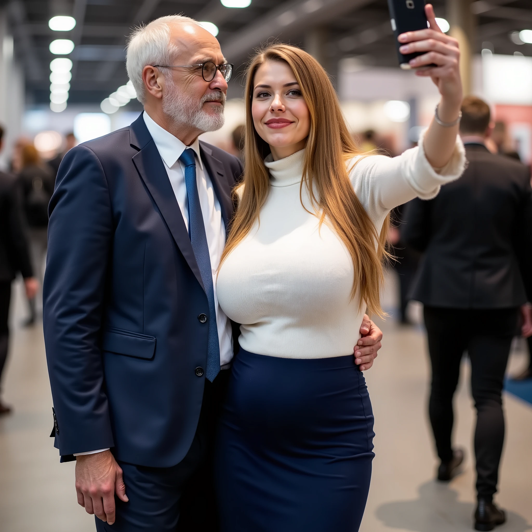 A 40 years old very beautiful hostess on a trade fair, long dark blonde hair falling a little erotically over her left shoulder, small pregnant belly, she has huge massive low hanging sagging big breasts , ihre extrem riesigen und schweren Brüste hängen bei ihr hinunter bis zum Gürtel, ihre riesigen Brüste hängen hinunter bis zum Gürtel, large ass , wide hips, high resolution, 4k. person full in frame, from head to toe.
The beautiful hostess is posing for a selfie with a 70 years old male customer at the very crowded trade fair. Both persons are standing close to each other and the customer raises the smartphone to take the picture. The hostess is impeccably dressed in a white rough knitted turtleneck top, a dark blue business jacket, dark a blue very long business skirt reaching down to her high heels.