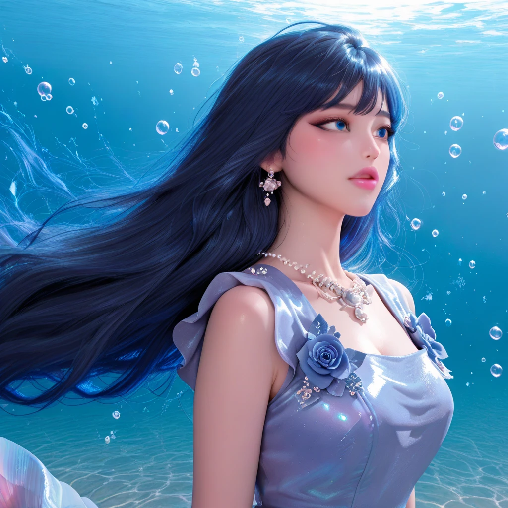 (masterpiece, top quality, best, official art, beautiful and aesthetically pleasing, long exposure: 1.2), smooth movement, charming pattern, 1 girl, (long skirt with sleeves: 1.3), blue dress, upper body close-up ,  shoulders, Chinese girl, freckles, black lob hair, portrait, solo, upper body, watching observer, detailed background, detailed face, (crystallineAI, crystalline theme:1.1), elemental water sprite, spinning water, controlling water, diamond clothes, dynamic poses, floating particles, ethereal dynamics, water, vapor, ocean in the background, blue tones, coast, ethereal atmosphere,
