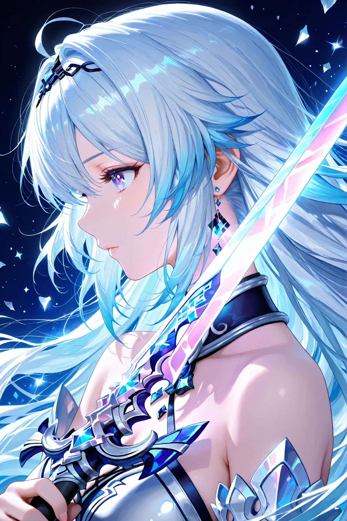 Close-up upper body side profile of a fantasy character inspired by diamonds, holding a radiant diamond sword. The character has crystalline armor or clothing with diamond-like facets, shimmering with sparkling reflections. Hair flows gracefully, eyes glowing subtly with diamond light. The background is a deep indigo cosmic space, filled with floating glowing diamond shards. Fantasy anime style, clean and detailed lines, glossy and luminous, dramatic lighting, focus on the character's side profile and the sparkling diamond sword, epic and magical atmosphere.