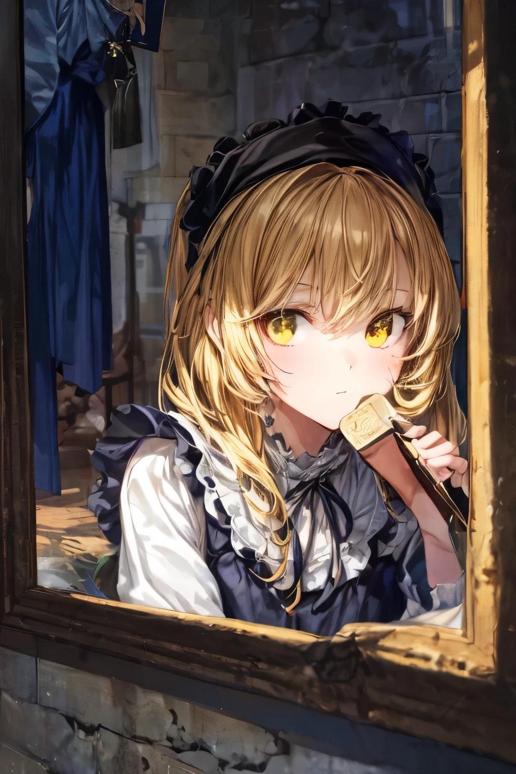 Young woman with golden hair and golden eyes reflected in a puddle in the dark, holding a diary, wearing a black and yellow victorian dress, close-up shot with highly detailed facial expressions, heavy shadows and grim lighting