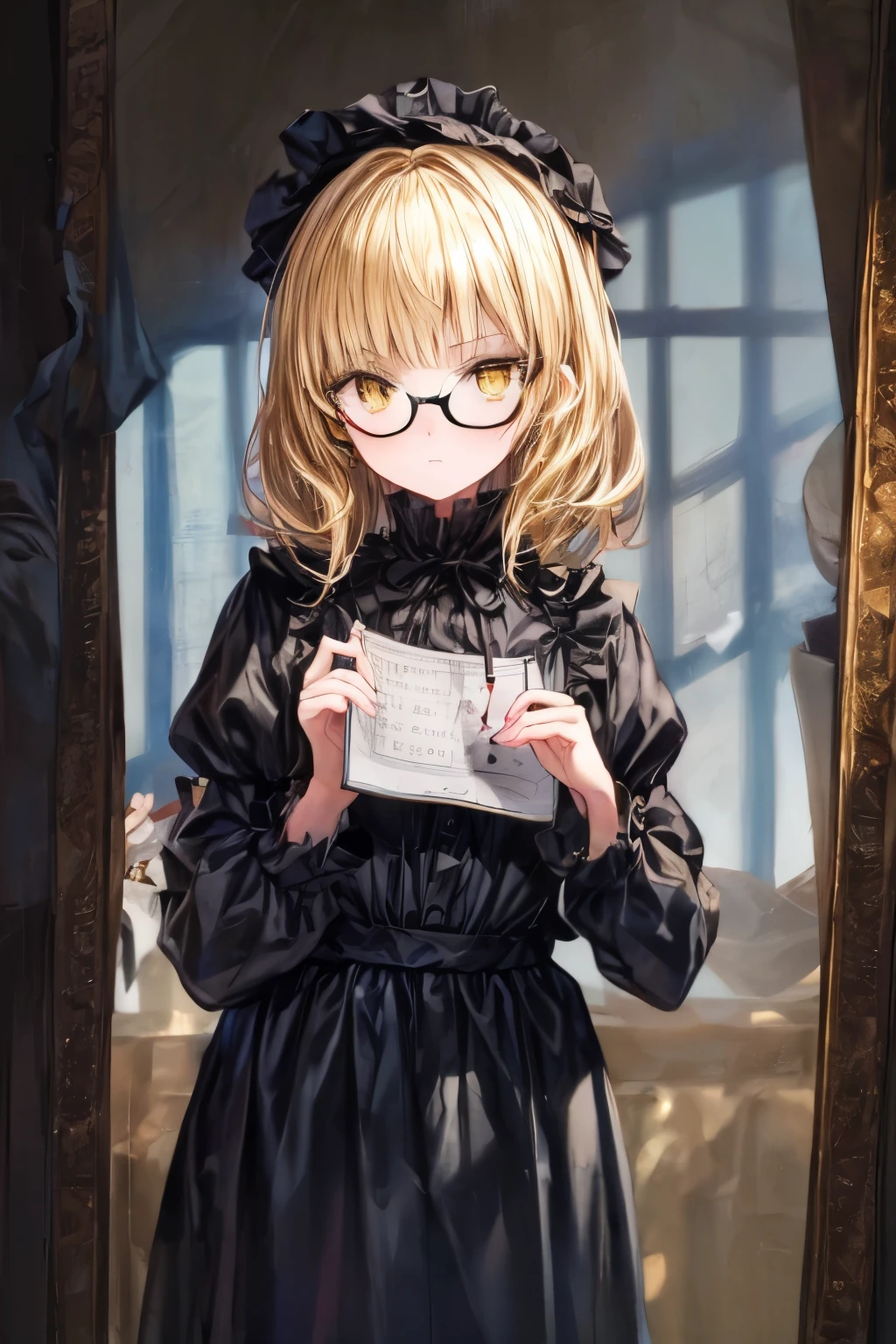 Young woman with golden hair and golden eyes reflected in a puddle in the dark, holding a diary, wearing a black and yellow victorian dress and glasses, close-up shot with highly detailed facial expressions, heavy shadows and grim lighting