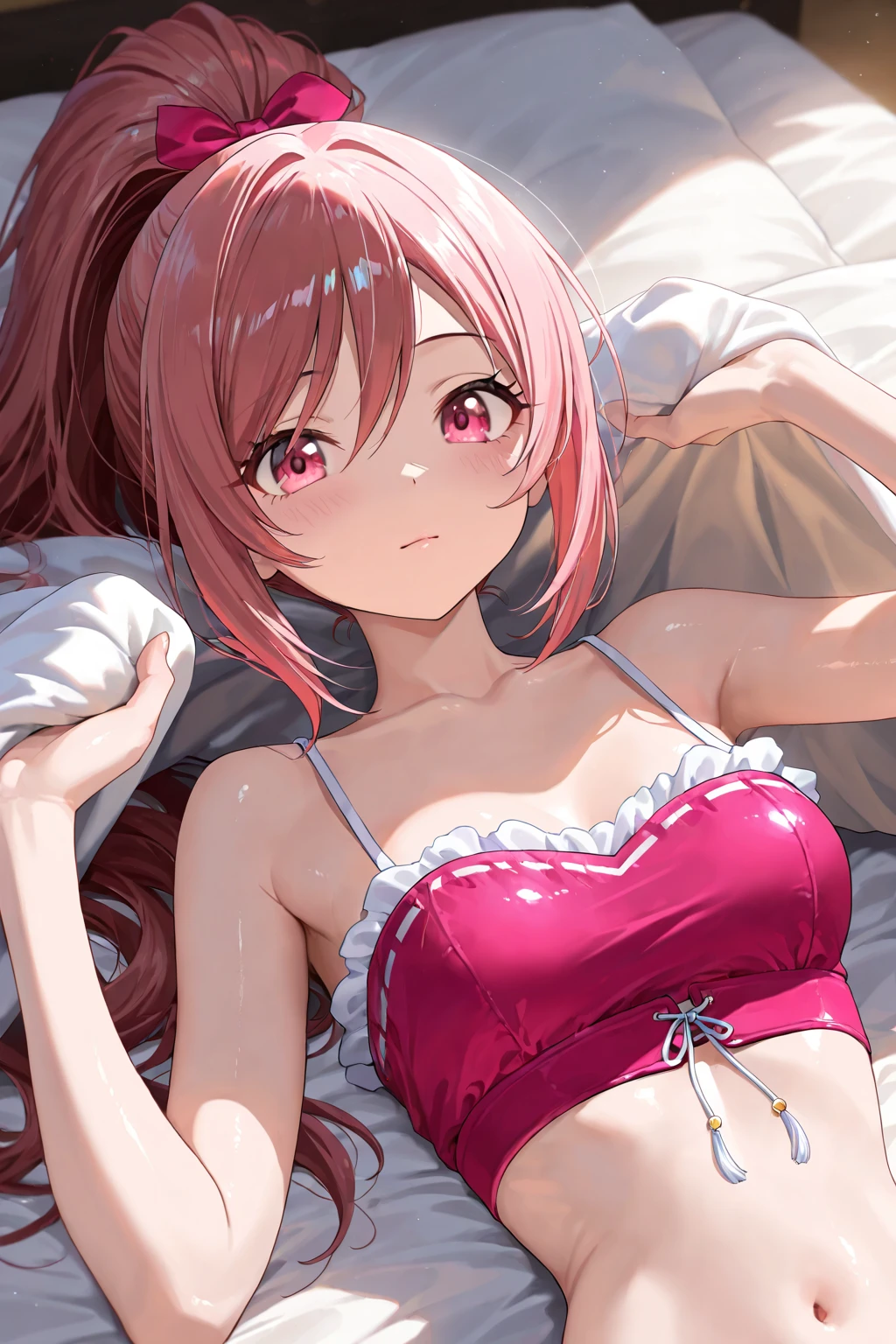(masterpiece,Highest quality:1.3), (Super detailed:1.3), One girl, Day, Swimwear, View your viewers, Ocean, Miko 1, sakura miko, Green Eyes, alone, Ahoge, Red X Hair Ornament, Bright pink hair, Hair Clip, Hair Bell, Long Hair, Hair between the eyes, smile, sunny, Lie down, Close one eye, Open your mouth