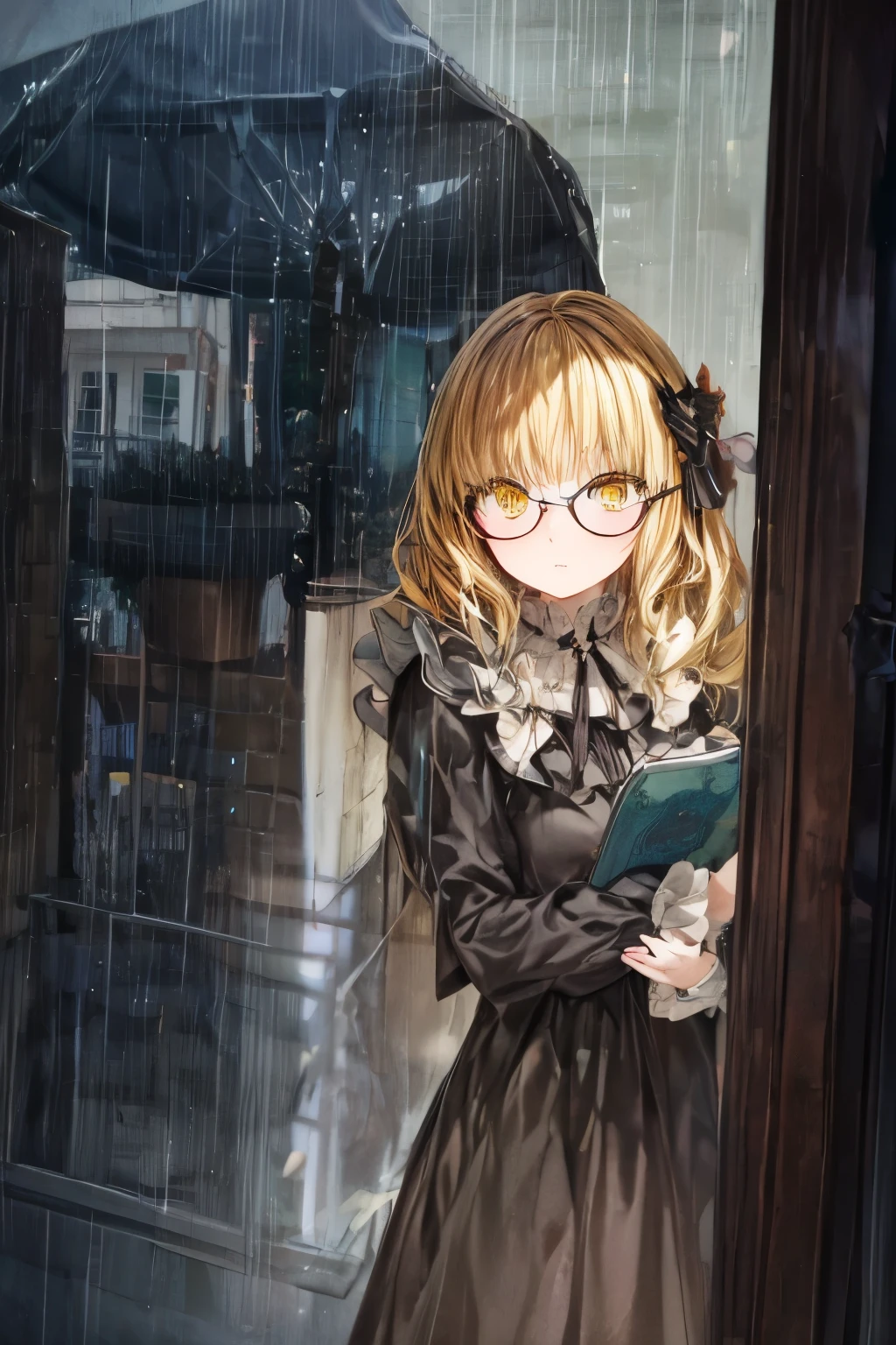 Young woman with golden hair and golden eyes reflected in a puddle while its raining in the dark, holding a diary, wearing a black and yellow victorian dress and glasses, close-up shot with highly detailed facial expressions, heavy shadows and grim lighting