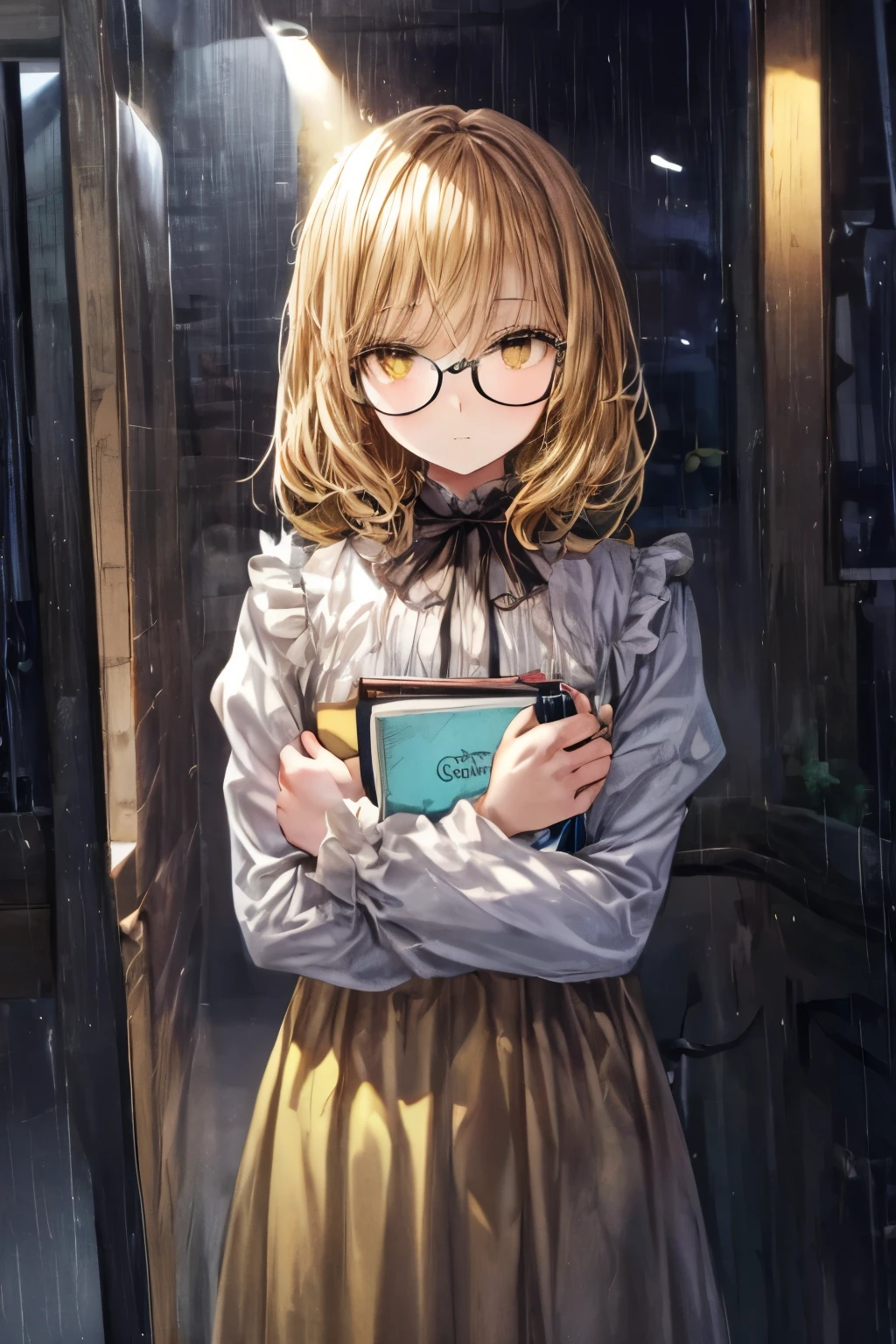 Young woman with golden hair and golden eyes reflected in a puddle while its raining in the dark, holding a diary, wearing a black and yellow victorian dress and glasses, close-up shot with highly detailed facial expressions, heavy shadows and grim lighting