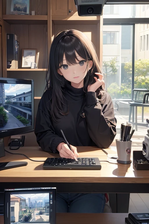 medium hair, shoulder length, black hair, hair between eyes, in the office, sit on chair, 15years old, a Japanese girl, computer, brown eyes, , sweater, cowboy shot, scowl