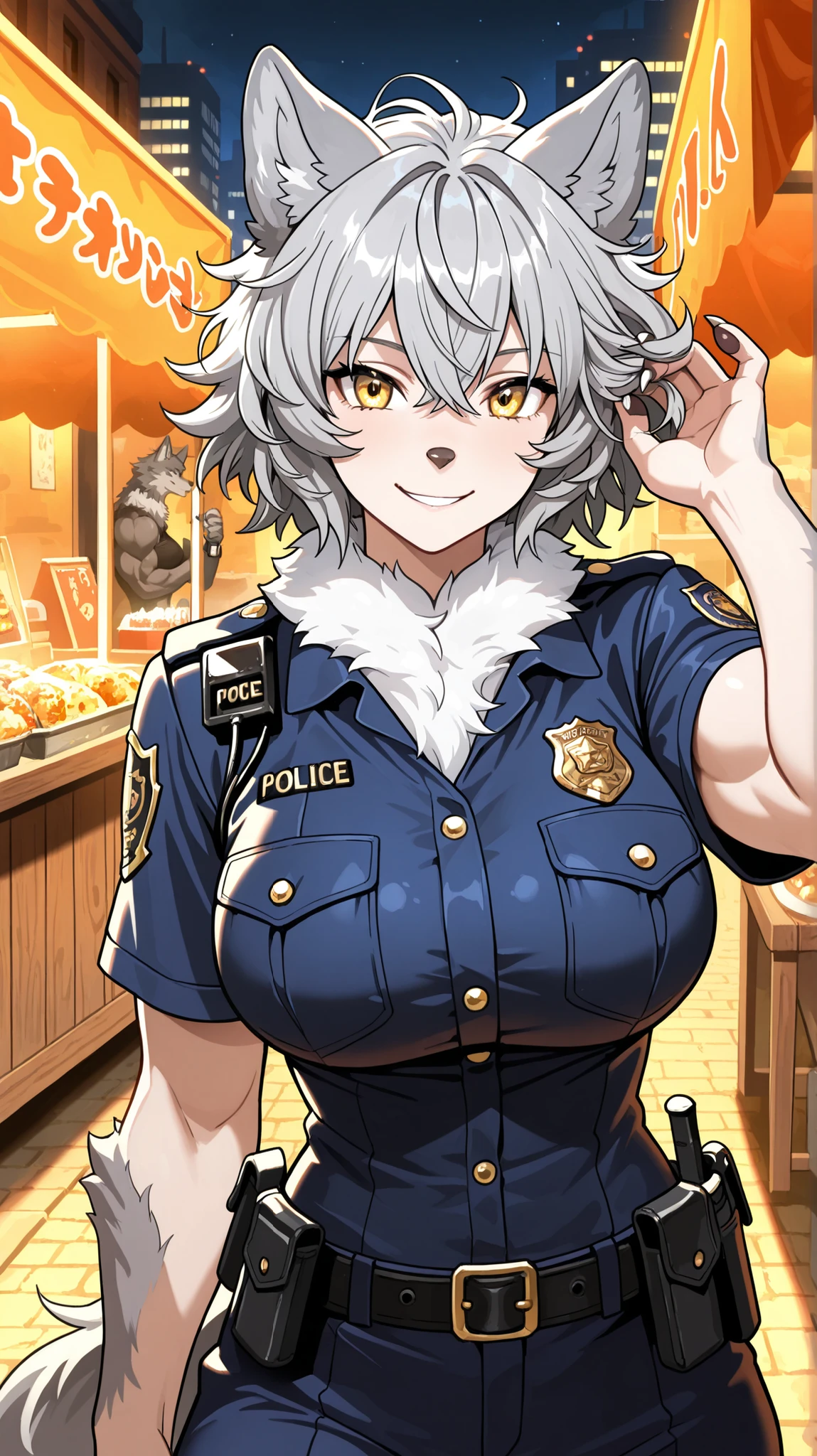 solo, female, wolf girl, close up, grey fur on forearms, furry claws, muscular, wolf ears, short hair, messy hair, grey hair, golden eyes, wolf tail, police uniform, police, large breasts, white fur collar, relaxed, smiling, after work, food stand, city, night, fantasy, ruffling hair, 